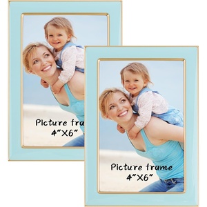 image:image4x6 White Enamel Picture Frames  Metal Gold Edge  Cute Frame for 4 x 6 Inch Photos Pictures Artwork  Real Glass  With Tabletop Easel Stand  Hanger for Wall Mount Display 2 PackLight Blue