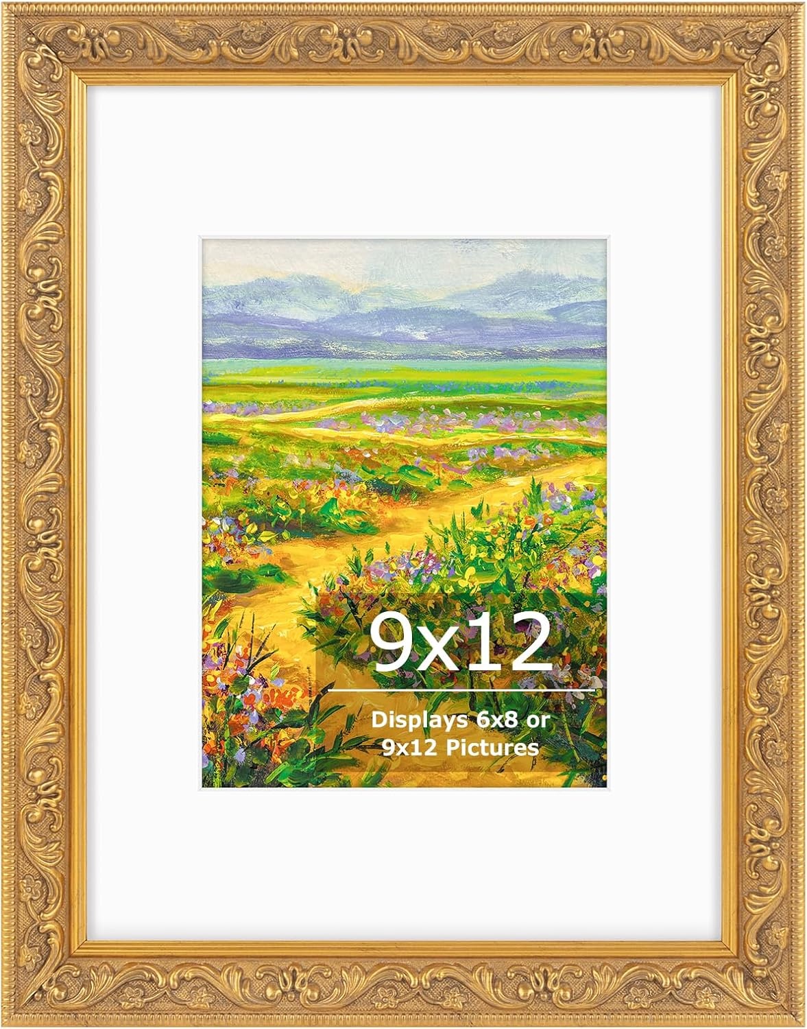 image:imageGolden State Art8x10 Ornate Picture Frame Holds 5x7 PhotoVintage Gold  Includes easel backreal glass frontwhite mat8x10 Decorative photo frame matted to 5x7Desktopwall mountEmbossed designVintage Gold