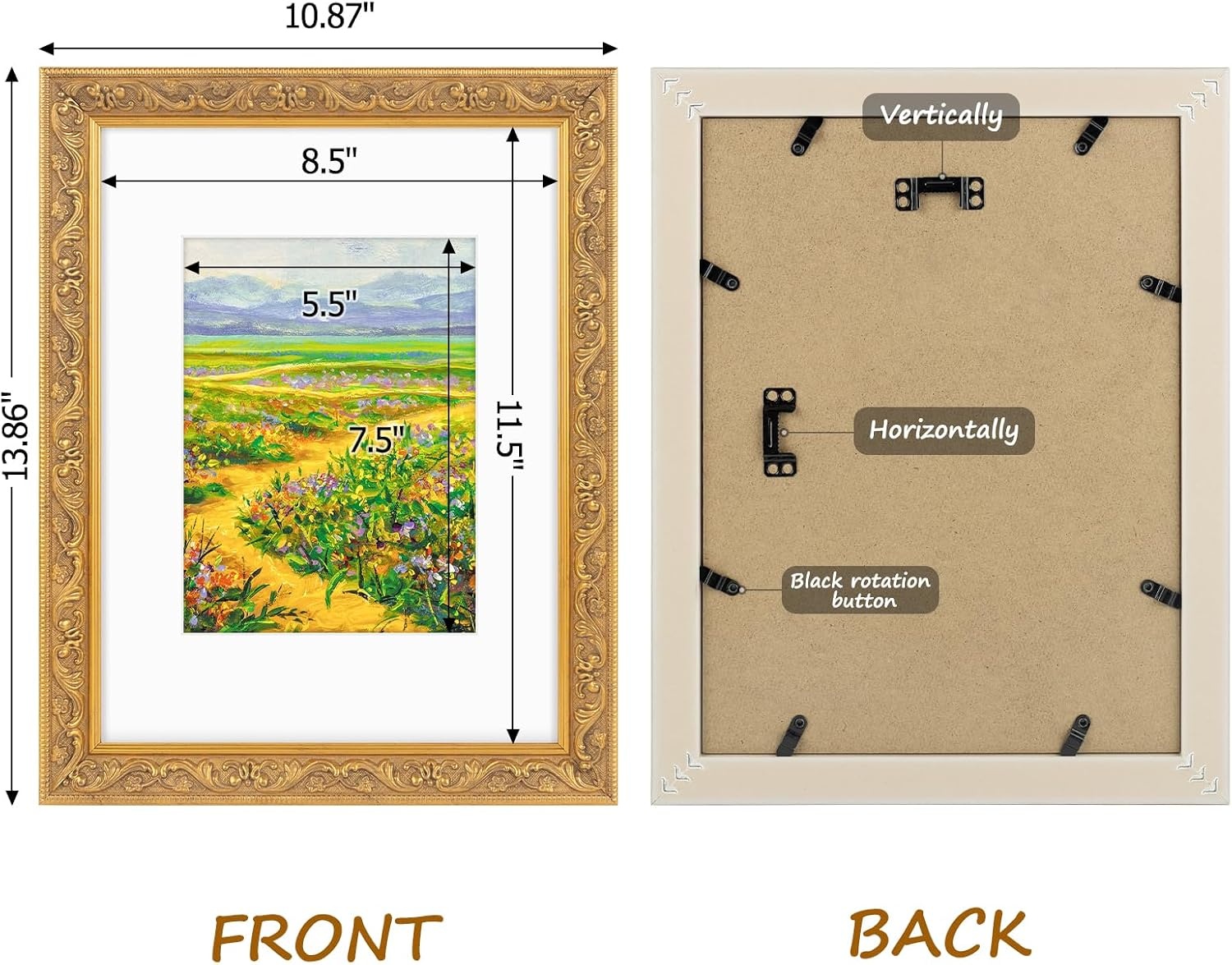 image:imageGolden State Art8x10 Ornate Picture Frame Holds 5x7 PhotoVintage Gold  Includes easel backreal glass frontwhite mat8x10 Decorative photo frame matted to 5x7Desktopwall mountEmbossed designVintage Gold
