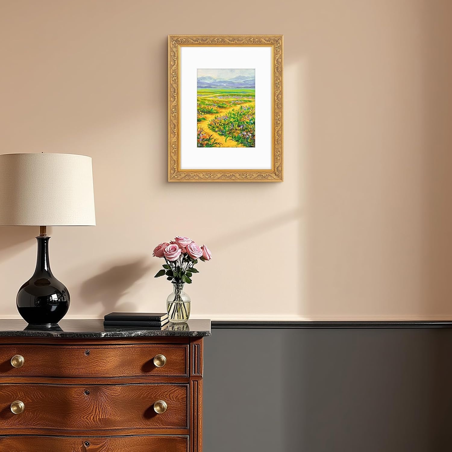 image:imageGolden State Art8x10 Ornate Picture Frame Holds 5x7 PhotoVintage Gold  Includes easel backreal glass frontwhite mat8x10 Decorative photo frame matted to 5x7Desktopwall mountEmbossed designVintage Gold
