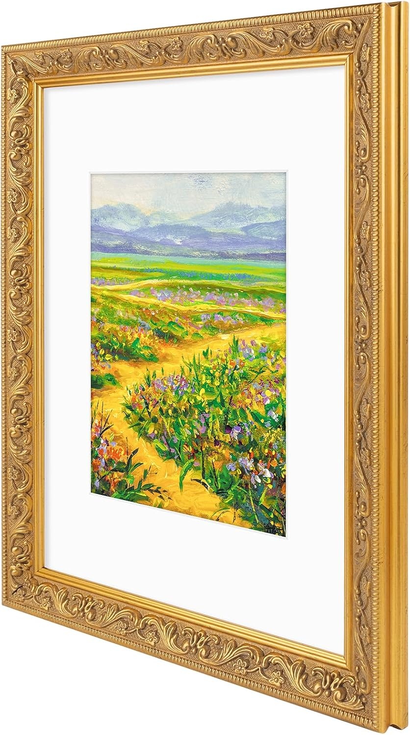 image:imageGolden State Art8x10 Ornate Picture Frame Holds 5x7 PhotoVintage Gold  Includes easel backreal glass frontwhite mat8x10 Decorative photo frame matted to 5x7Desktopwall mountEmbossed designVintage Gold