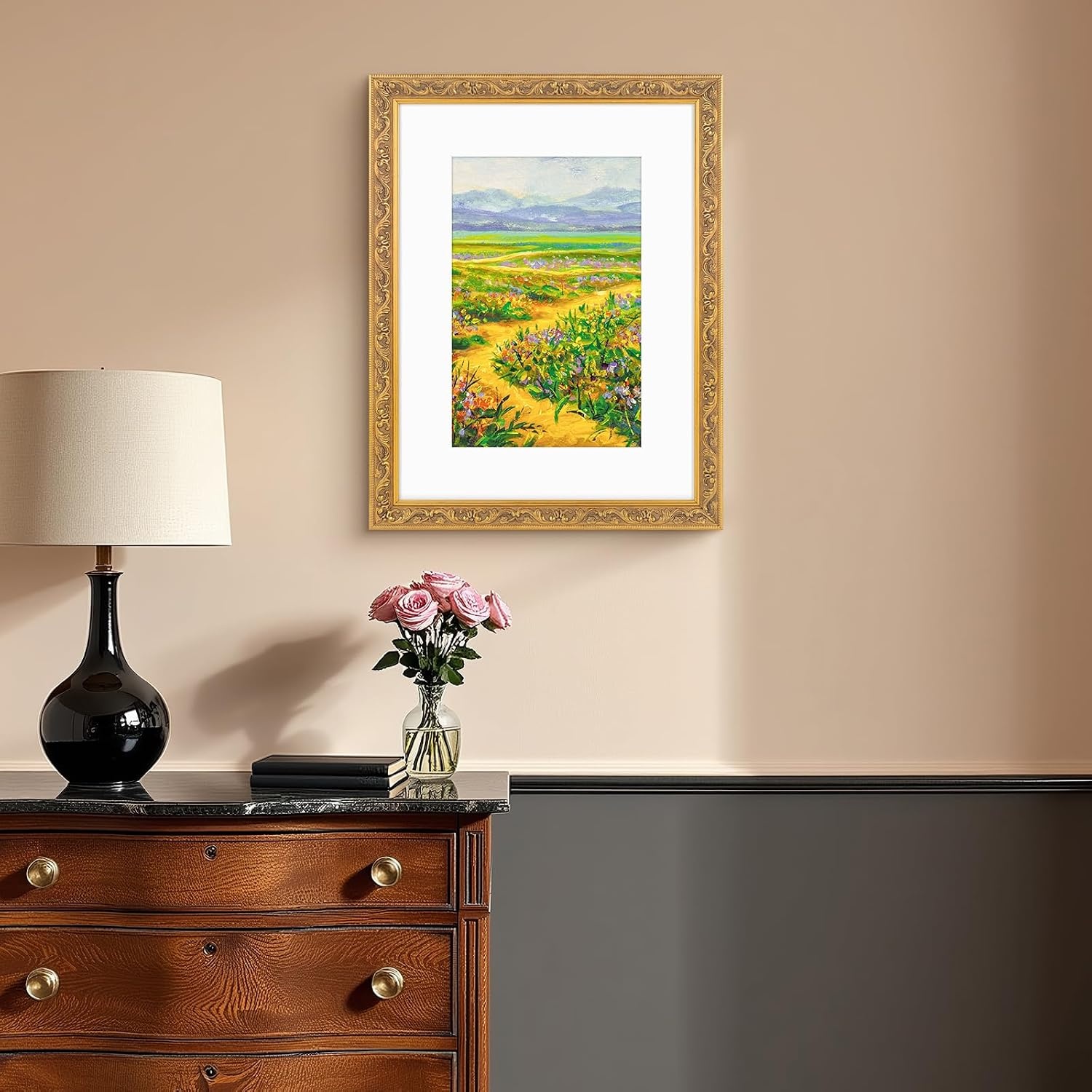 image:imageGolden State Art8x10 Ornate Picture Frame Holds 5x7 PhotoVintage Gold  Includes easel backreal glass frontwhite mat8x10 Decorative photo frame matted to 5x7Desktopwall mountEmbossed designVintage Gold
