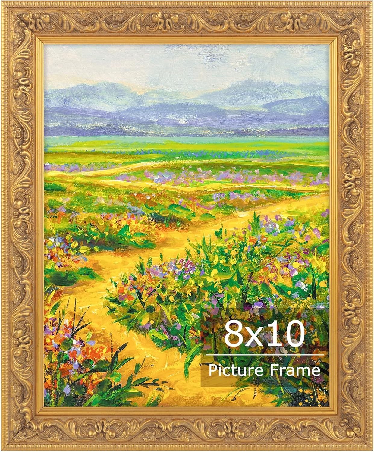 image:imageGolden State Art8x10 Ornate Picture Frame Holds 5x7 PhotoVintage Gold  Includes easel backreal glass frontwhite mat8x10 Decorative photo frame matted to 5x7Desktopwall mountEmbossed designVintage Gold