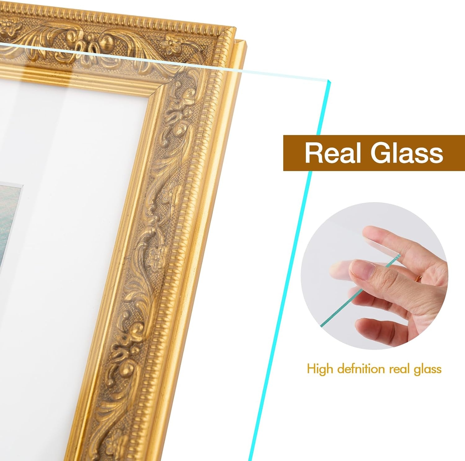 image:imageGolden State Art8x10 Ornate Picture Frame Holds 5x7 PhotoVintage Gold  Includes easel backreal glass frontwhite mat8x10 Decorative photo frame matted to 5x7Desktopwall mountEmbossed designVintage Gold