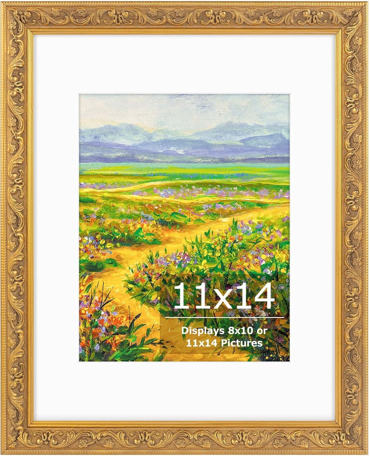 image:imageGolden State Art8x10 Ornate Picture Frame Holds 5x7 PhotoVintage Gold  Includes easel backreal glass frontwhite mat8x10 Decorative photo frame matted to 5x7Desktopwall mountEmbossed designVintage Gold