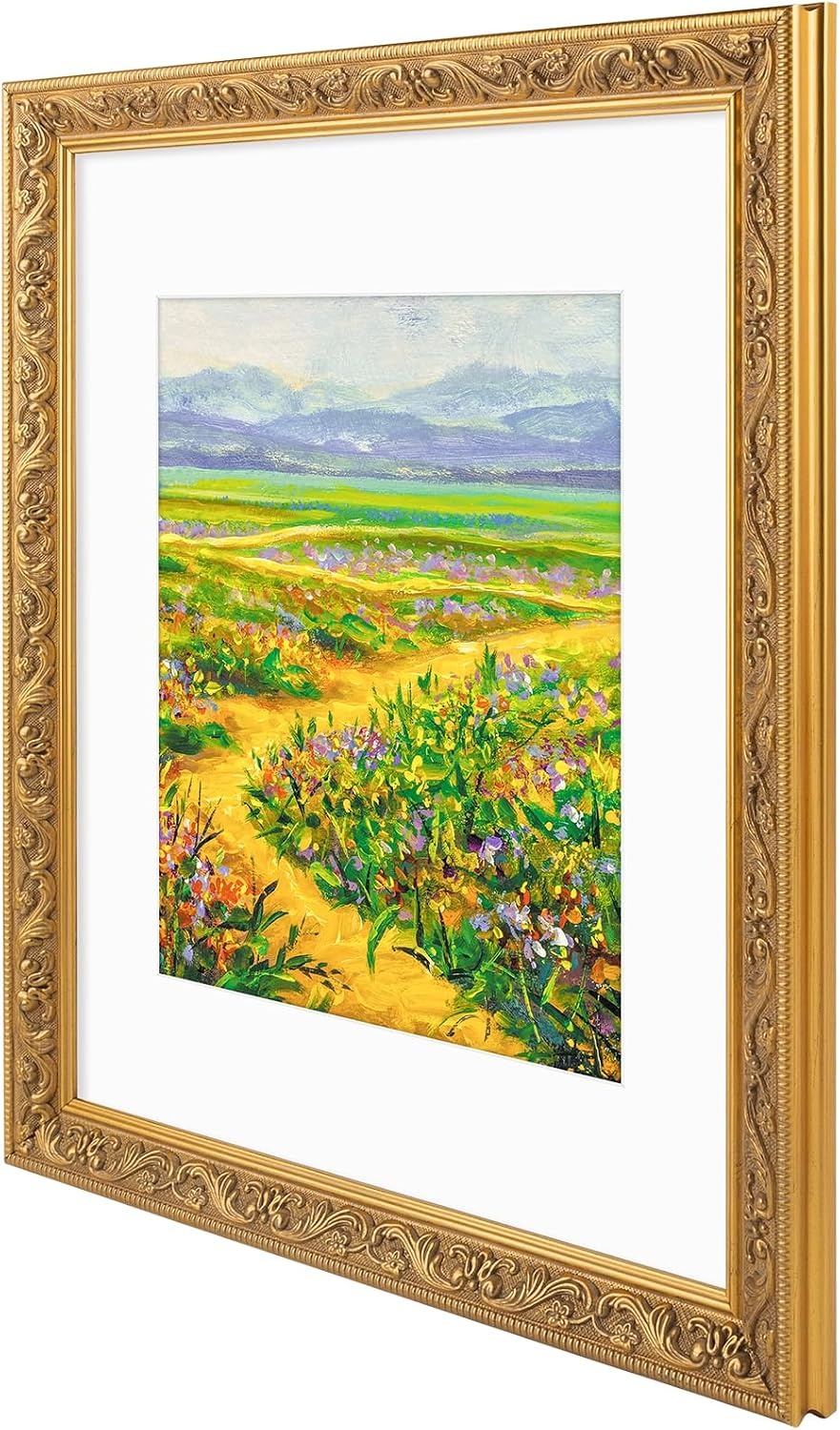 image:imageGolden State Art8x10 Ornate Picture Frame Holds 5x7 PhotoVintage Gold  Includes easel backreal glass frontwhite mat8x10 Decorative photo frame matted to 5x7Desktopwall mountEmbossed designVintage Gold