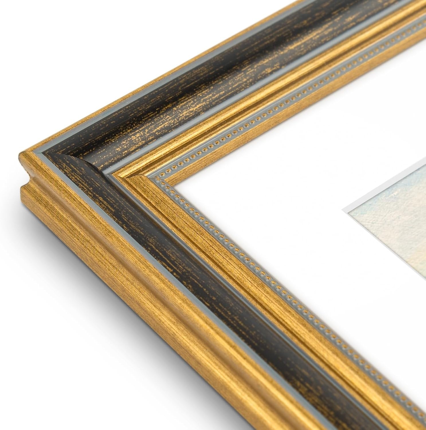 image:imageGolden State Art8x10 Ornate Picture Frame Holds 5x7 PhotoVintage Gold  Includes easel backreal glass frontwhite matbuildin hangers8x10 Decorative photo frame matted to 5x7Desktopwall mountBlack Gold