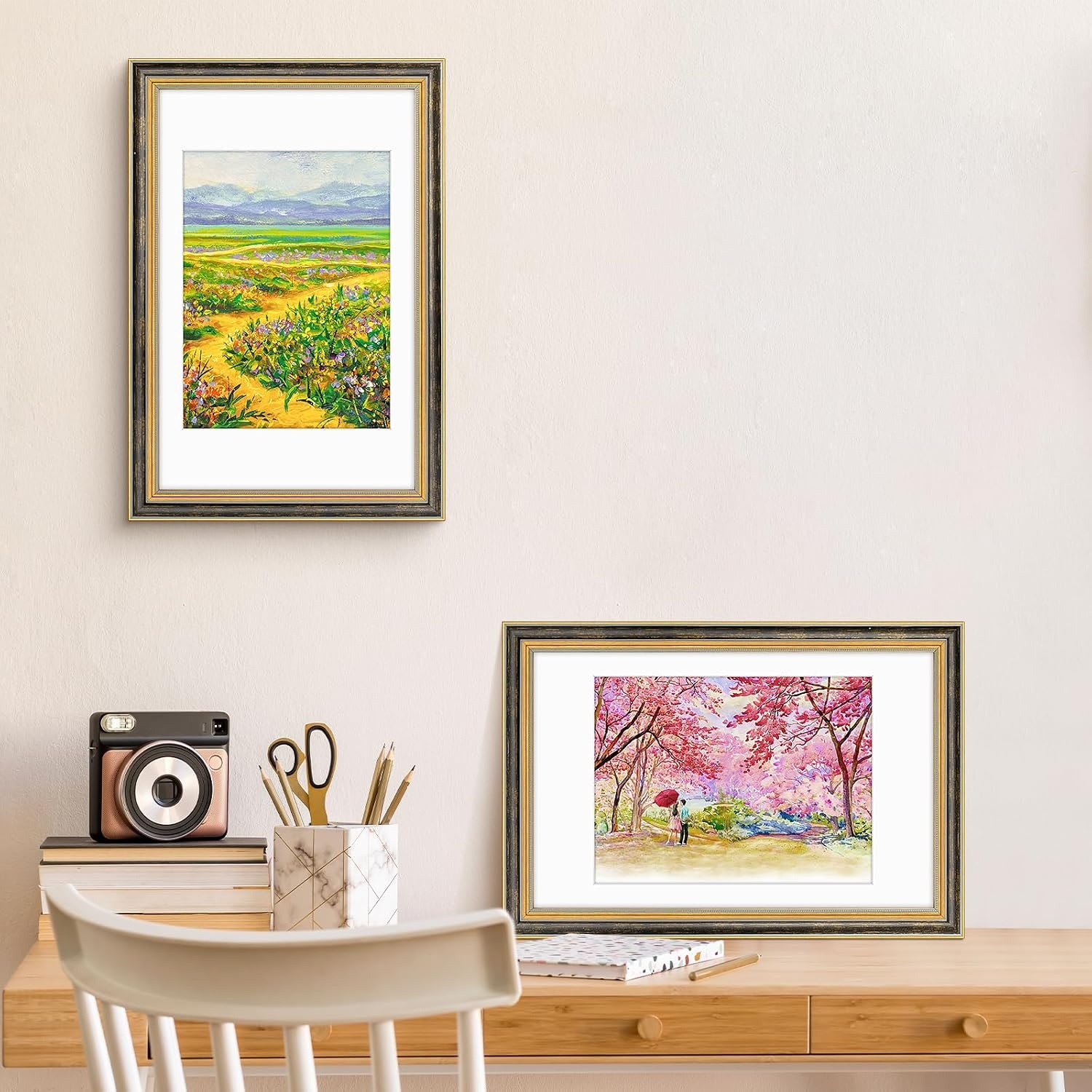 image:imageGolden State Art8x10 Ornate Picture Frame Holds 5x7 PhotoVintage Gold  Includes easel backreal glass frontwhite matbuildin hangers8x10 Decorative photo frame matted to 5x7Desktopwall mountBlack Gold