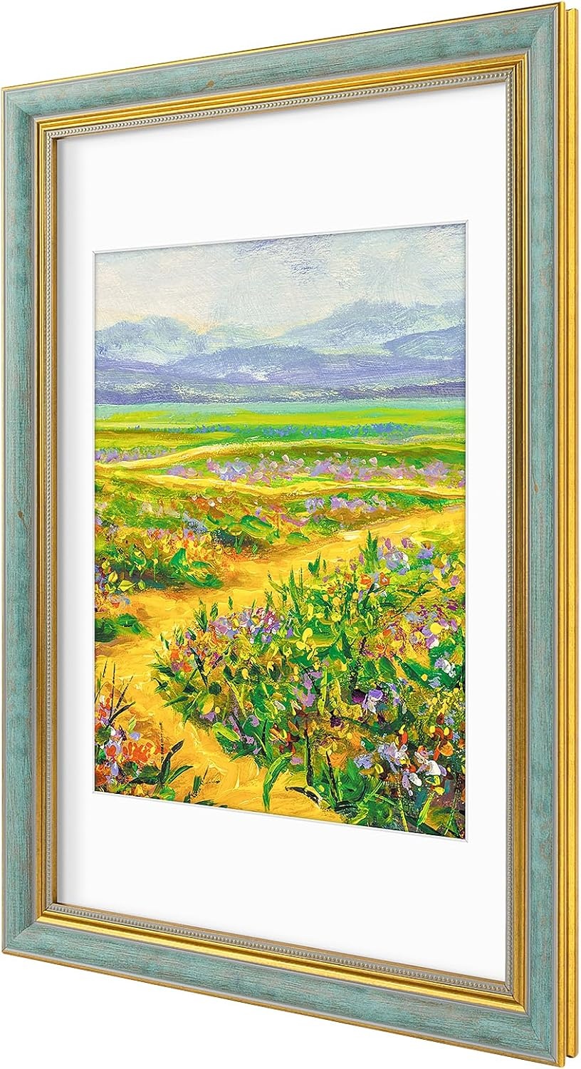 image:imageGolden State Art8x10 Ornate Picture Frame Holds 5x7 PhotoVintage Gold  Includes easel backreal glass frontwhite matbuildin hangers8x10 Decorative photo frame matted to 5x7Desktopwall mountDistressed Blue Gold
