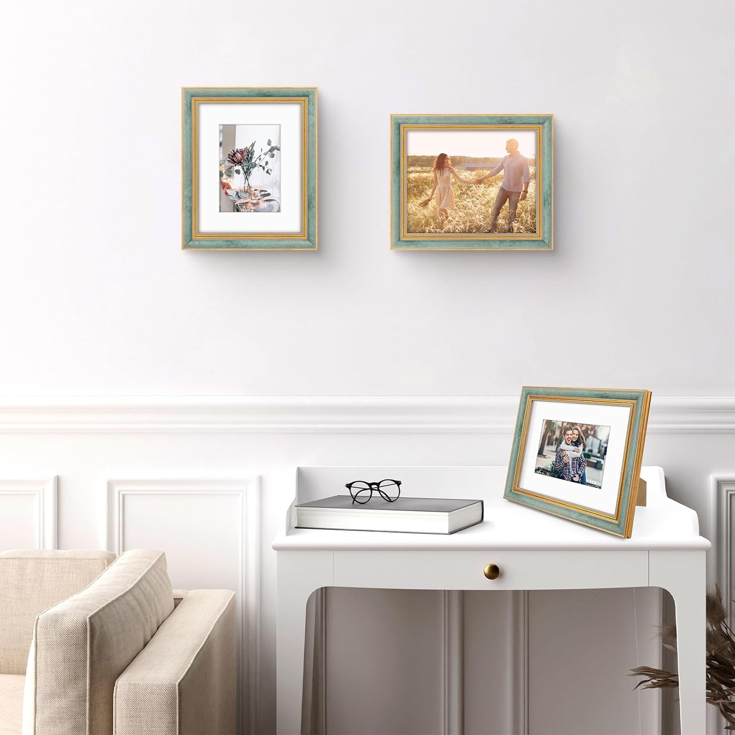 image:imageGolden State Art8x10 Ornate Picture Frame Holds 5x7 PhotoVintage Gold  Includes easel backreal glass frontwhite matbuildin hangers8x10 Decorative photo frame matted to 5x7Desktopwall mountDistressed Blue Gold