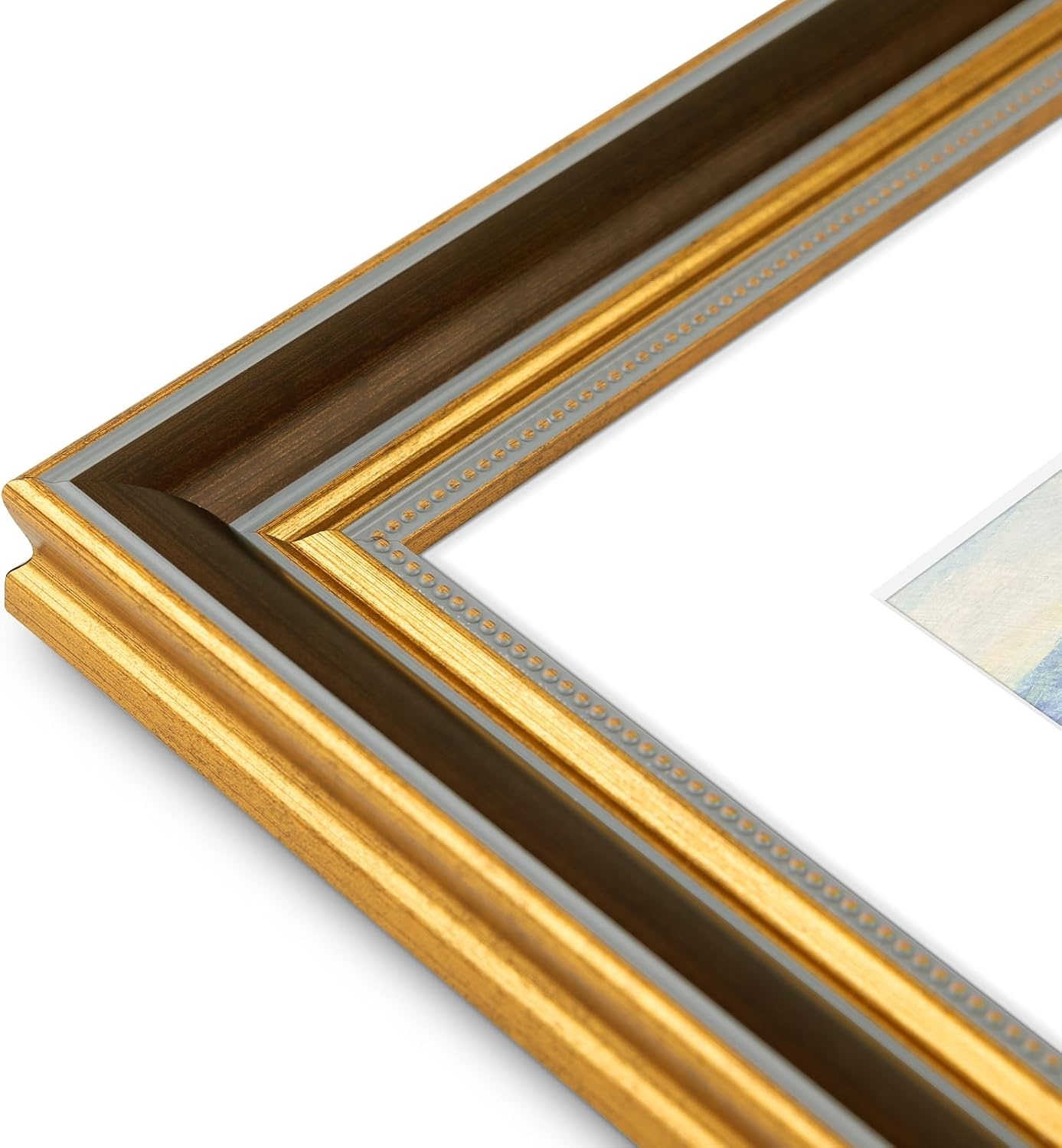 image:imageGolden State Art8x10 Ornate Picture Frame Holds 5x7 PhotoVintage Gold  Includes easel backreal glass frontwhite matbuildin hangers8x10 Decorative photo frame matted to 5x7Desktopwall mountBrown Gold