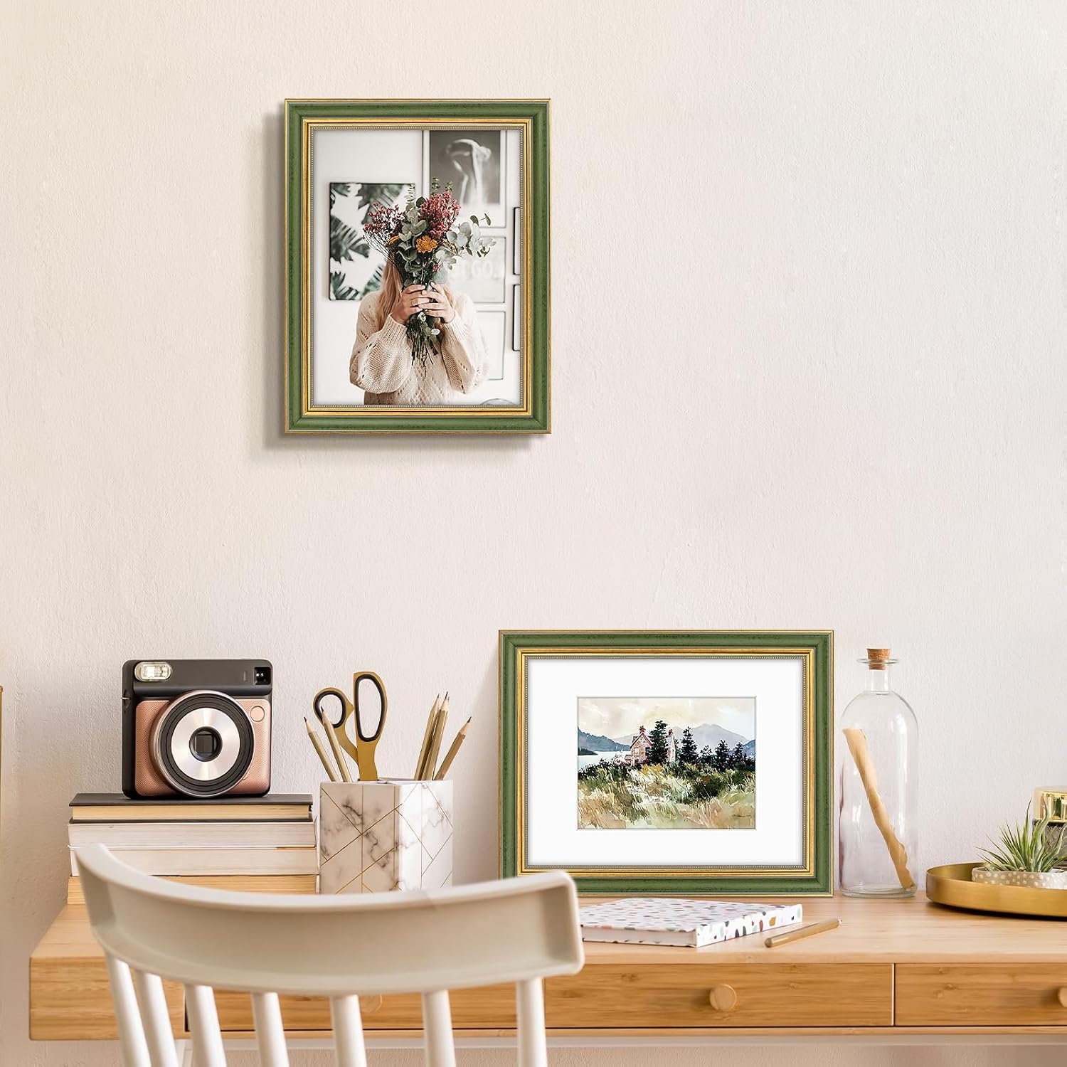 image:imageGolden State Art8x10 Ornate Picture Frame Holds 5x7 PhotoVintage Gold  Includes easel backreal glass frontwhite matbuildin hangers8x10 Decorative photo frame matted to 5x7Desktopwall mountGreen Gold