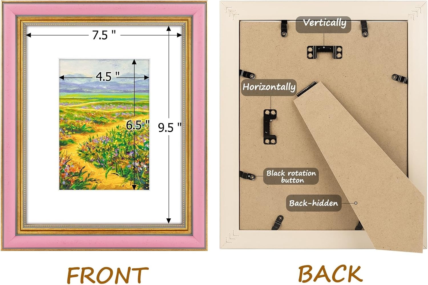 image:imageGolden State Art8x10 Ornate Picture Frame Holds 5x7 PhotoVintage Gold  Includes easel backreal glass frontwhite matbuildin hangers8x10 Decorative photo frame matted to 5x7Desktopwall mountPink Gold