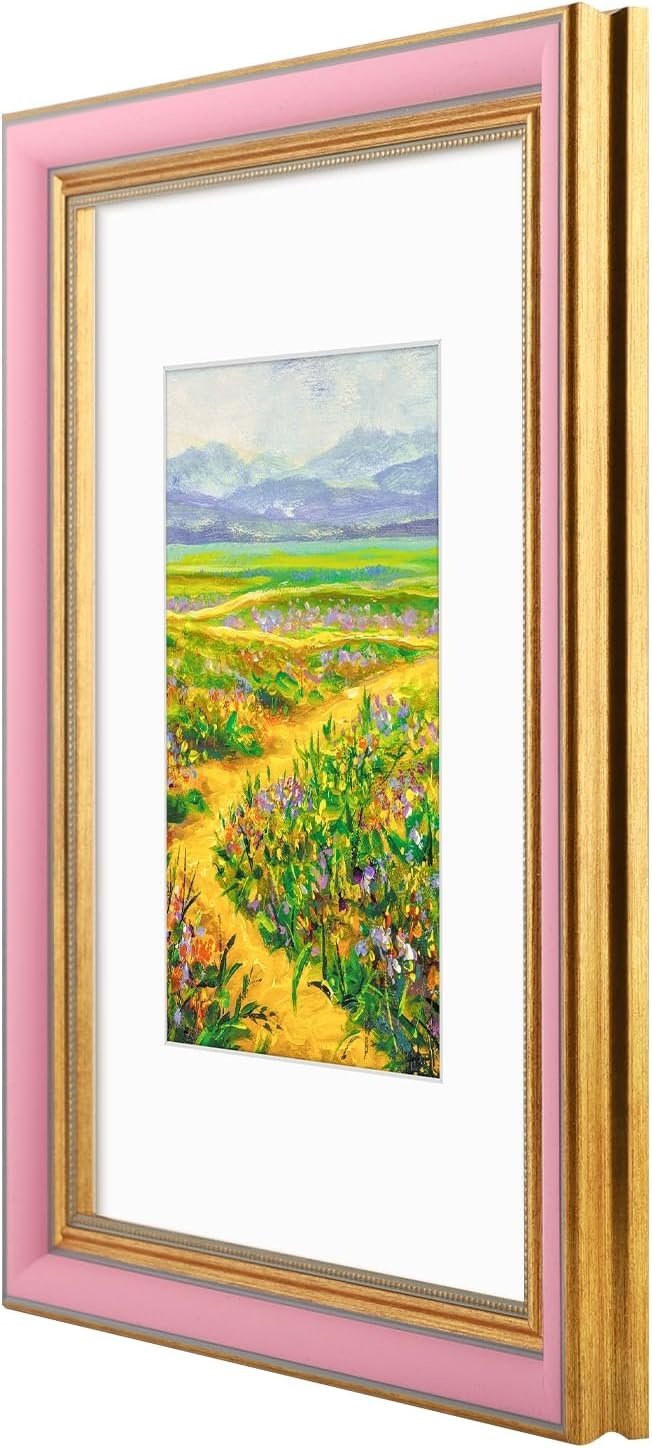 image:imageGolden State Art8x10 Ornate Picture Frame Holds 5x7 PhotoVintage Gold  Includes easel backreal glass frontwhite matbuildin hangers8x10 Decorative photo frame matted to 5x7Desktopwall mountPink Gold