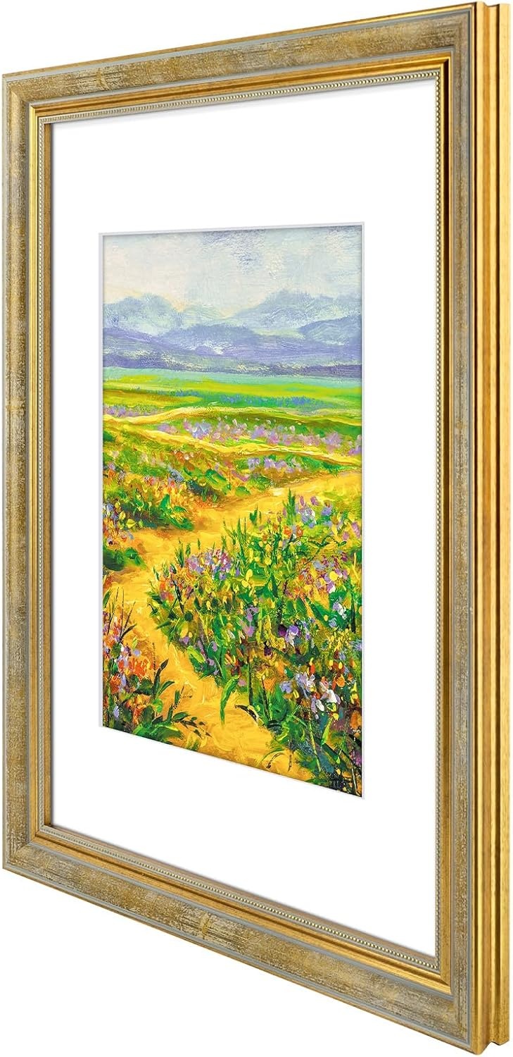 image:imageGolden State Art8x10 Ornate Picture Frame Holds 5x7 PhotoVintage Gold  Includes easel backreal glass frontwhite matbuildin hangers8x10 Decorative photo frame matted to 5x7Desktopwall mountVintage Gold
