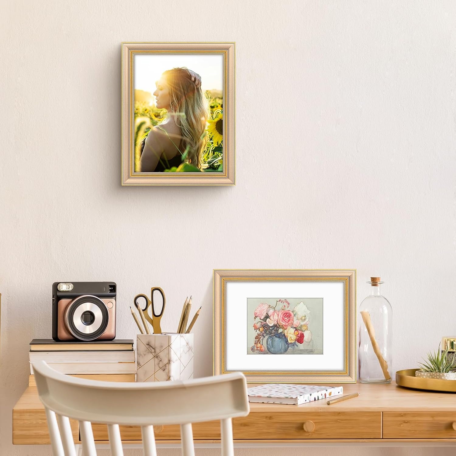 image:imageGolden State Art8x10 Ornate Picture Frame Holds 5x7 PhotoVintage Gold  Includes easel backreal glass frontwhite matbuildin hangers8x10 Decorative photo frame matted to 5x7Desktopwall mountChampagne Gold