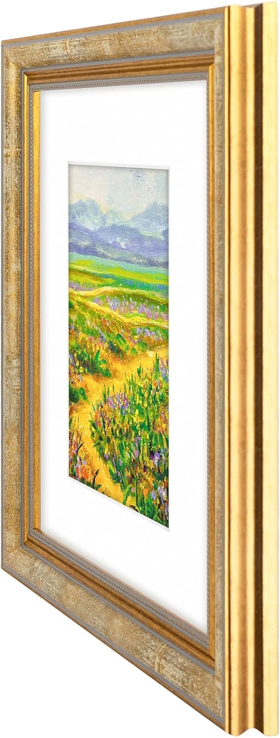 image:imageGolden State Art8x10 Ornate Picture Frame Holds 5x7 PhotoVintage Gold  Includes easel backreal glass frontwhite matbuildin hangers8x10 Decorative photo frame matted to 5x7Desktopwall mountVintage Gold