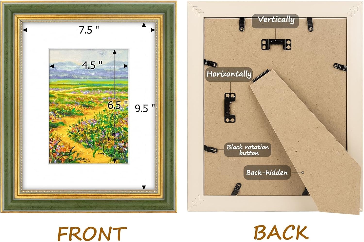 image:imageGolden State Art8x10 Ornate Picture Frame Holds 5x7 PhotoVintage Gold  Includes easel backreal glass frontwhite matbuildin hangers8x10 Decorative photo frame matted to 5x7Desktopwall mountGreen Gold