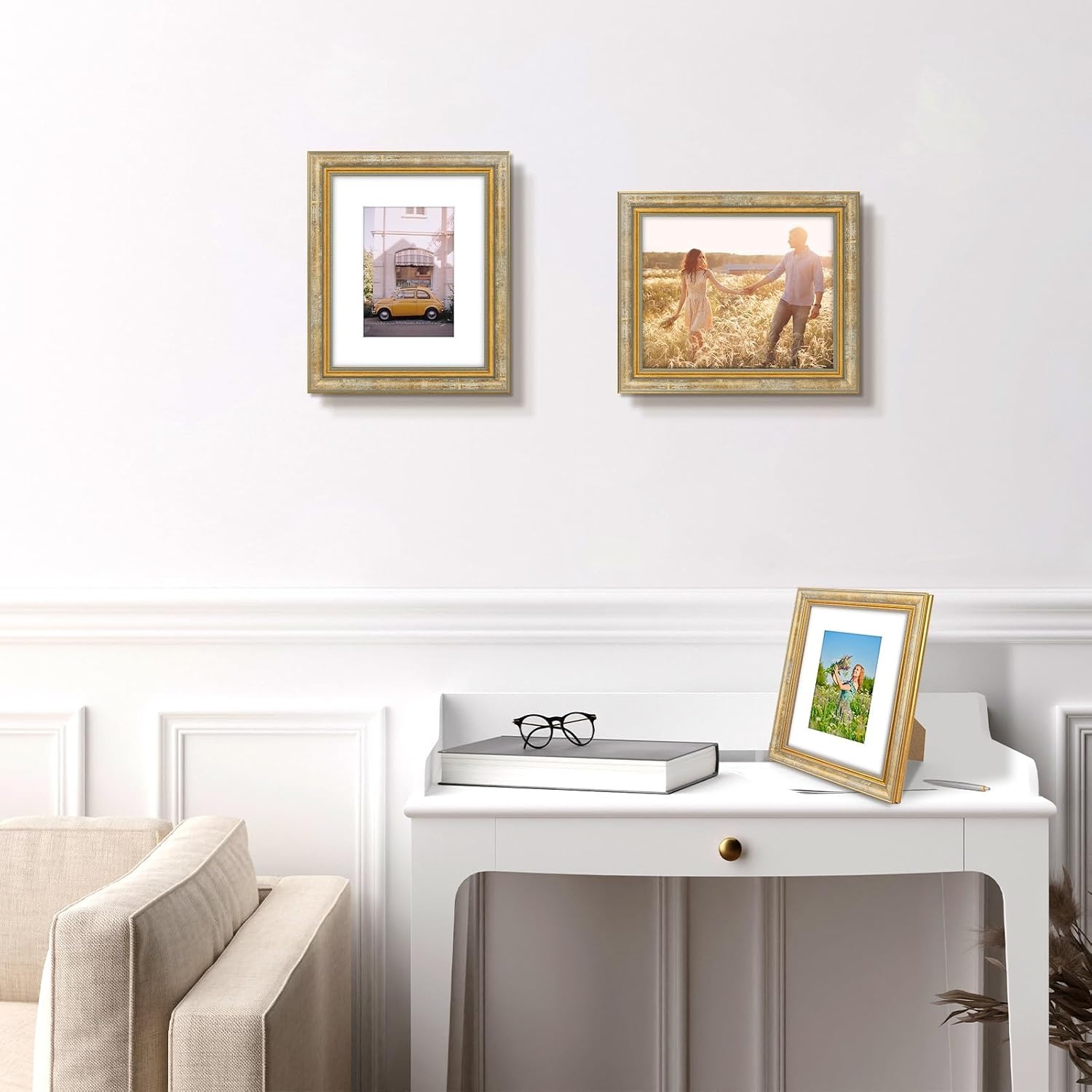 image:imageGolden State Art8x10 Ornate Picture Frame Holds 5x7 PhotoVintage Gold  Includes easel backreal glass frontwhite matbuildin hangers8x10 Decorative photo frame matted to 5x7Desktopwall mountVintage Gold
