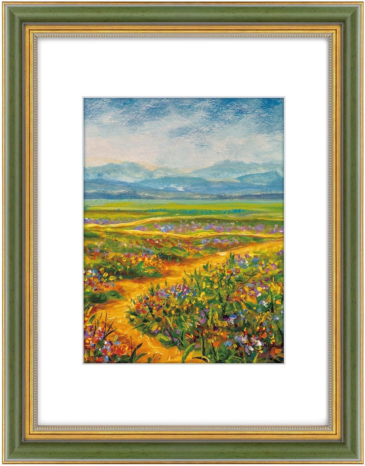 image:imageGolden State Art8x10 Ornate Picture Frame Holds 5x7 PhotoVintage Gold  Includes easel backreal glass frontwhite matbuildin hangers8x10 Decorative photo frame matted to 5x7Desktopwall mountGreen Gold