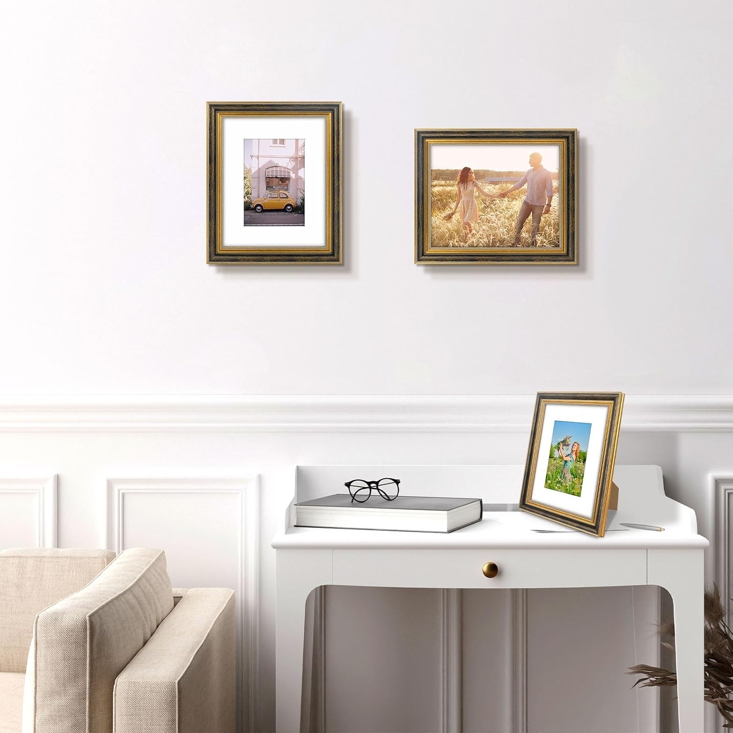 image:imageGolden State Art8x10 Ornate Picture Frame Holds 5x7 PhotoVintage Gold  Includes easel backreal glass frontwhite matbuildin hangers8x10 Decorative photo frame matted to 5x7Desktopwall mountBlack Gold