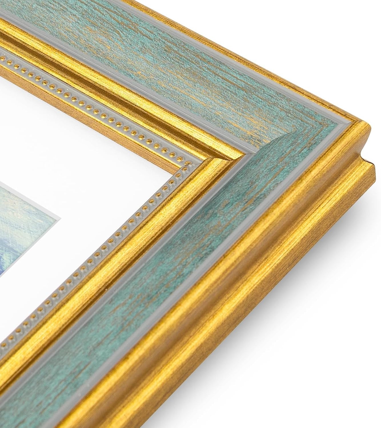 image:imageGolden State Art8x10 Ornate Picture Frame Holds 5x7 PhotoVintage Gold  Includes easel backreal glass frontwhite matbuildin hangers8x10 Decorative photo frame matted to 5x7Desktopwall mountDistressed Blue Gold