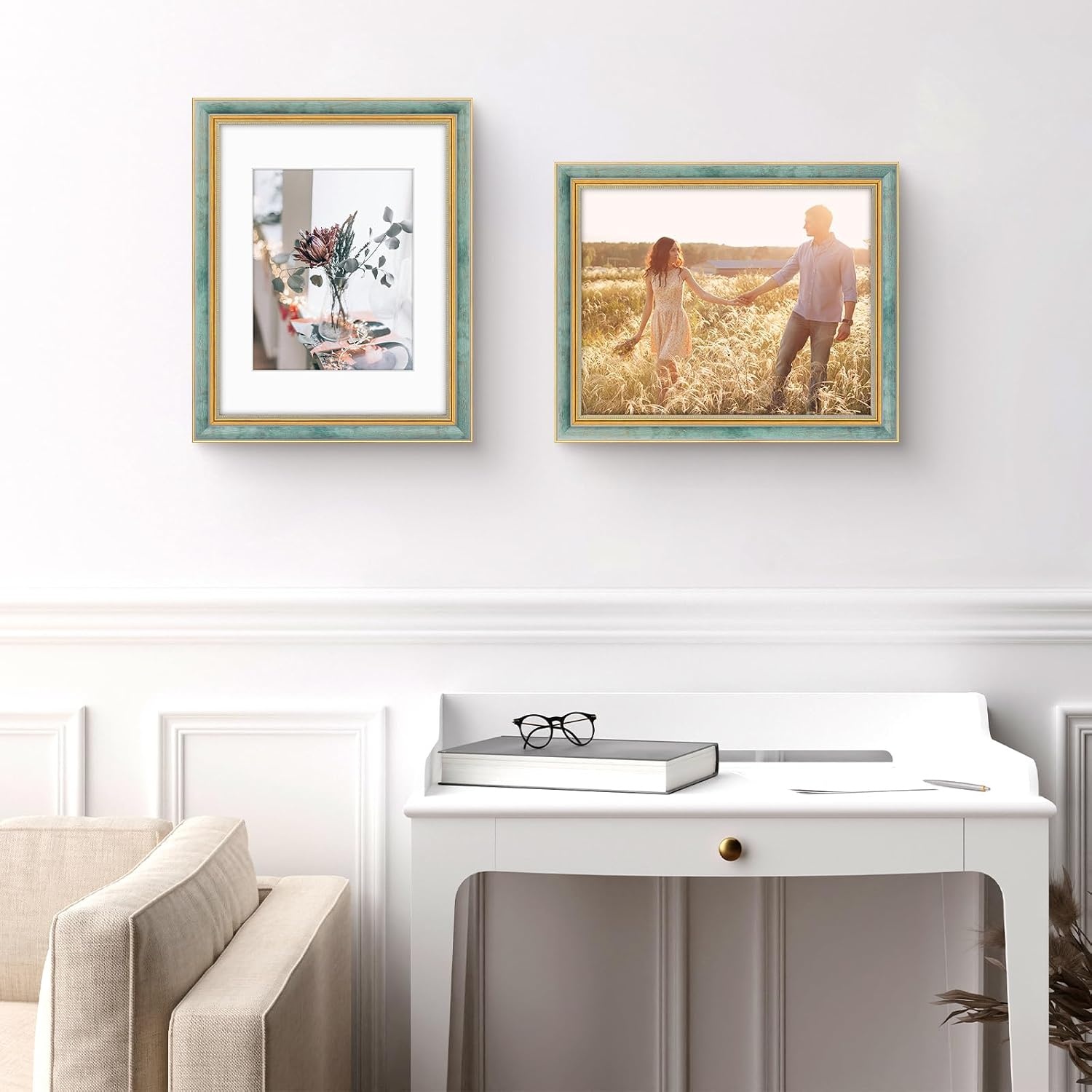 image:imageGolden State Art8x10 Ornate Picture Frame Holds 5x7 PhotoVintage Gold  Includes easel backreal glass frontwhite matbuildin hangers8x10 Decorative photo frame matted to 5x7Desktopwall mountDistressed Blue Gold