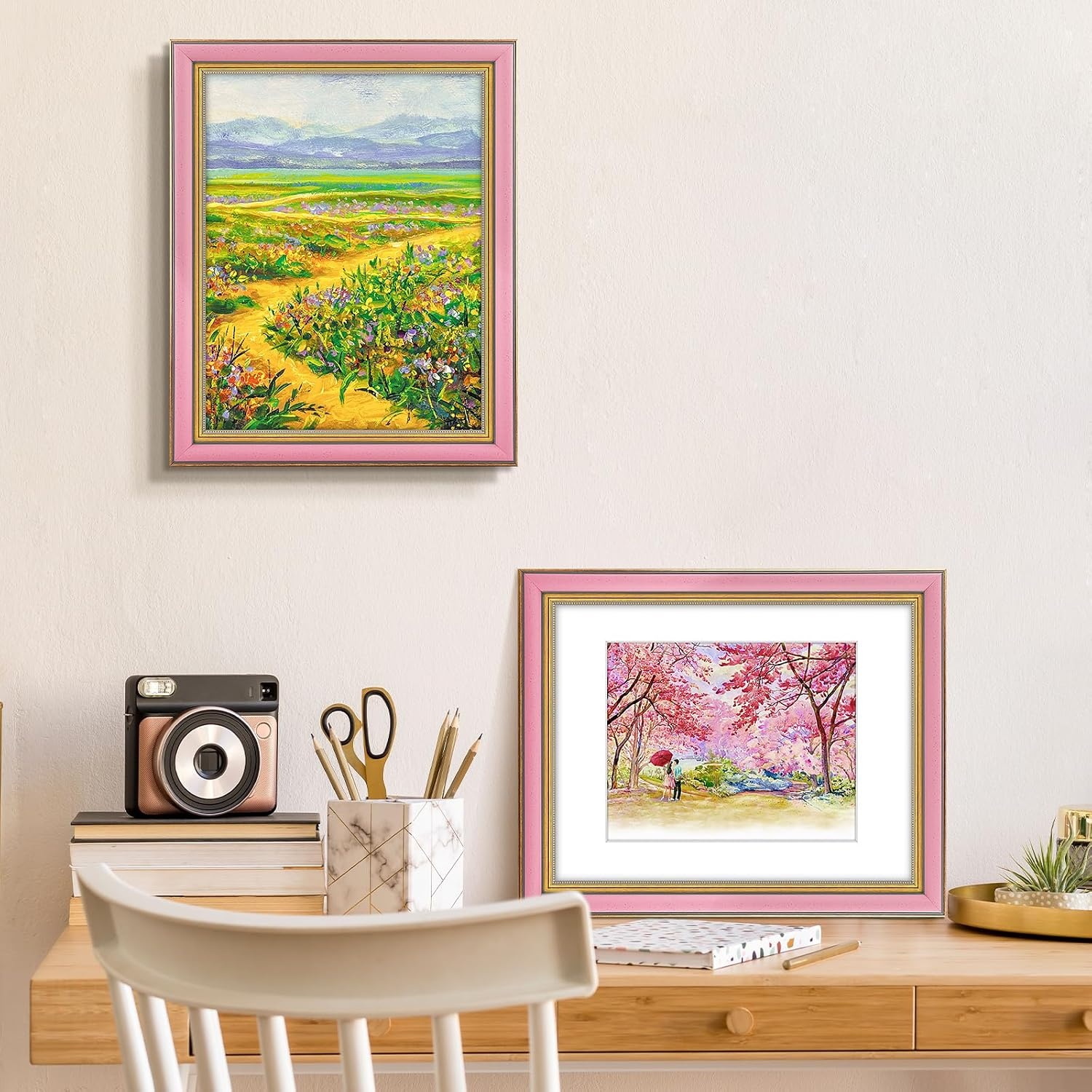 image:imageGolden State Art8x10 Ornate Picture Frame Holds 5x7 PhotoVintage Gold  Includes easel backreal glass frontwhite matbuildin hangers8x10 Decorative photo frame matted to 5x7Desktopwall mountPink Gold