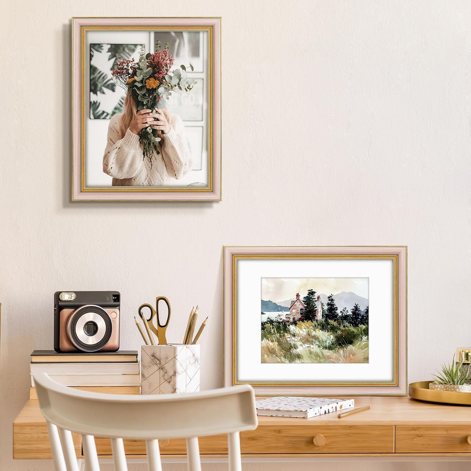 image:imageGolden State Art8x10 Ornate Picture Frame Holds 5x7 PhotoVintage Gold  Includes easel backreal glass frontwhite matbuildin hangers8x10 Decorative photo frame matted to 5x7Desktopwall mountPurple Gold