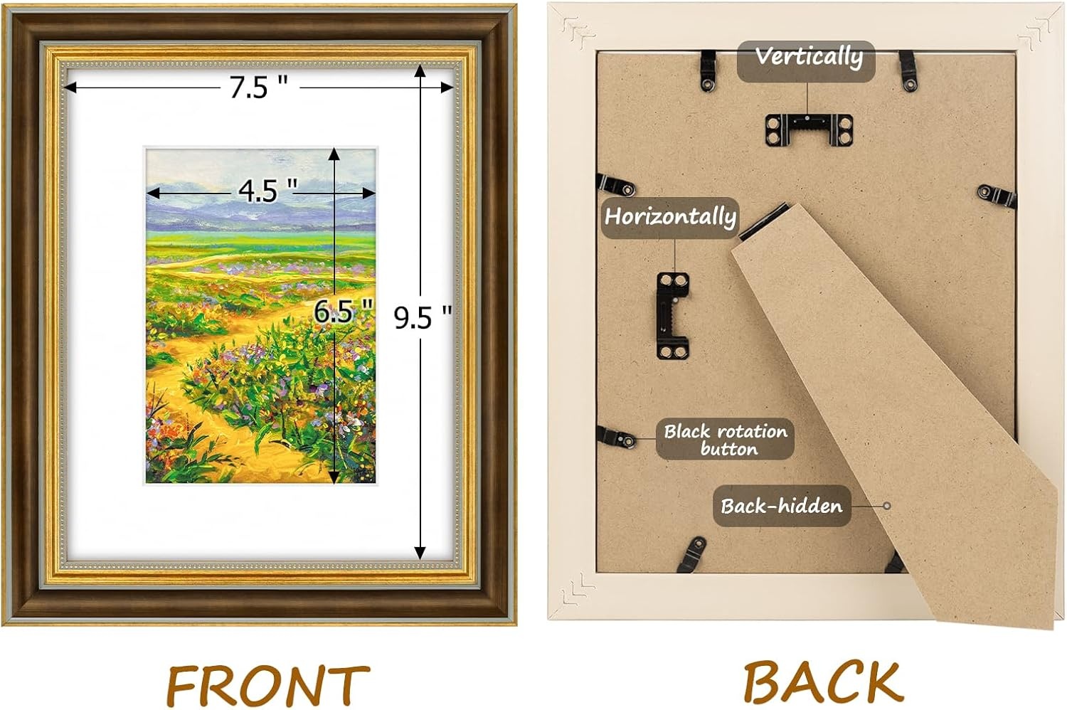 image:imageGolden State Art8x10 Ornate Picture Frame Holds 5x7 PhotoVintage Gold  Includes easel backreal glass frontwhite matbuildin hangers8x10 Decorative photo frame matted to 5x7Desktopwall mountBrown Gold