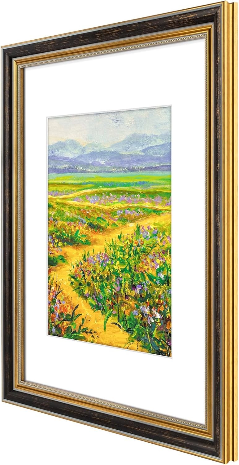 image:imageGolden State Art8x10 Ornate Picture Frame Holds 5x7 PhotoVintage Gold  Includes easel backreal glass frontwhite matbuildin hangers8x10 Decorative photo frame matted to 5x7Desktopwall mountBlack Gold
