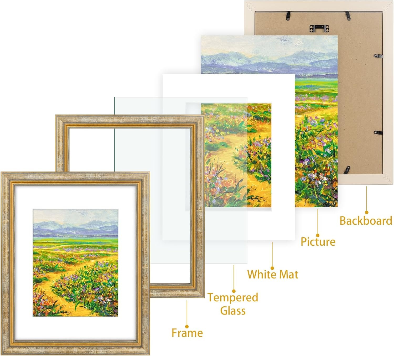 image:imageGolden State Art8x10 Ornate Picture Frame Holds 5x7 PhotoVintage Gold  Includes easel backreal glass frontwhite matbuildin hangers8x10 Decorative photo frame matted to 5x7Desktopwall mountVintage Gold