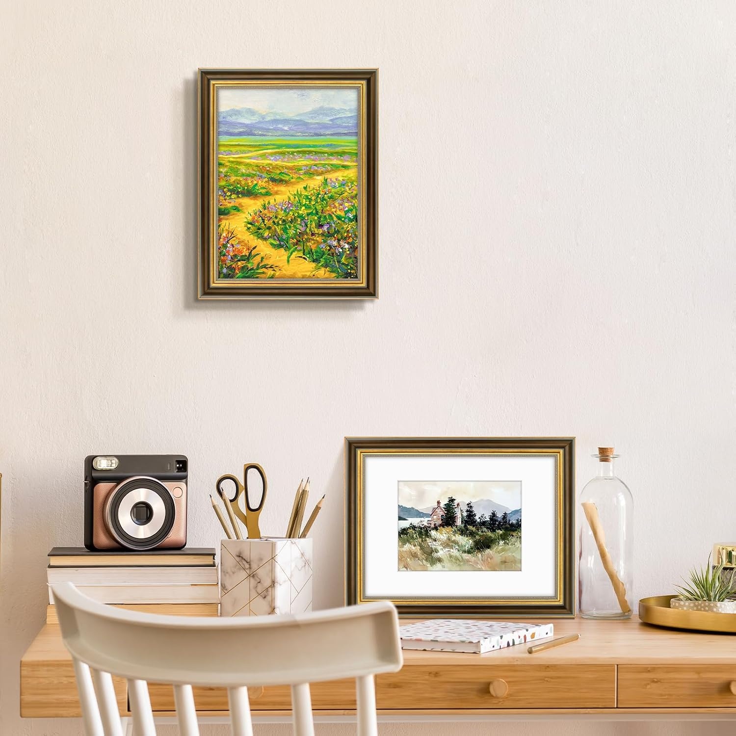 image:imageGolden State Art8x10 Ornate Picture Frame Holds 5x7 PhotoVintage Gold  Includes easel backreal glass frontwhite matbuildin hangers8x10 Decorative photo frame matted to 5x7Desktopwall mountBrown Gold