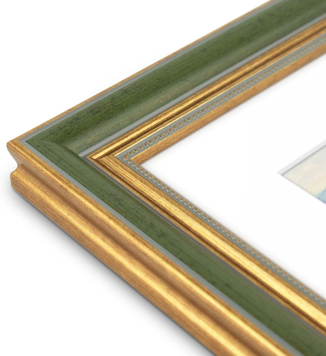 image:imageGolden State Art8x10 Ornate Picture Frame Holds 5x7 PhotoVintage Gold  Includes easel backreal glass frontwhite matbuildin hangers8x10 Decorative photo frame matted to 5x7Desktopwall mountGreen Gold