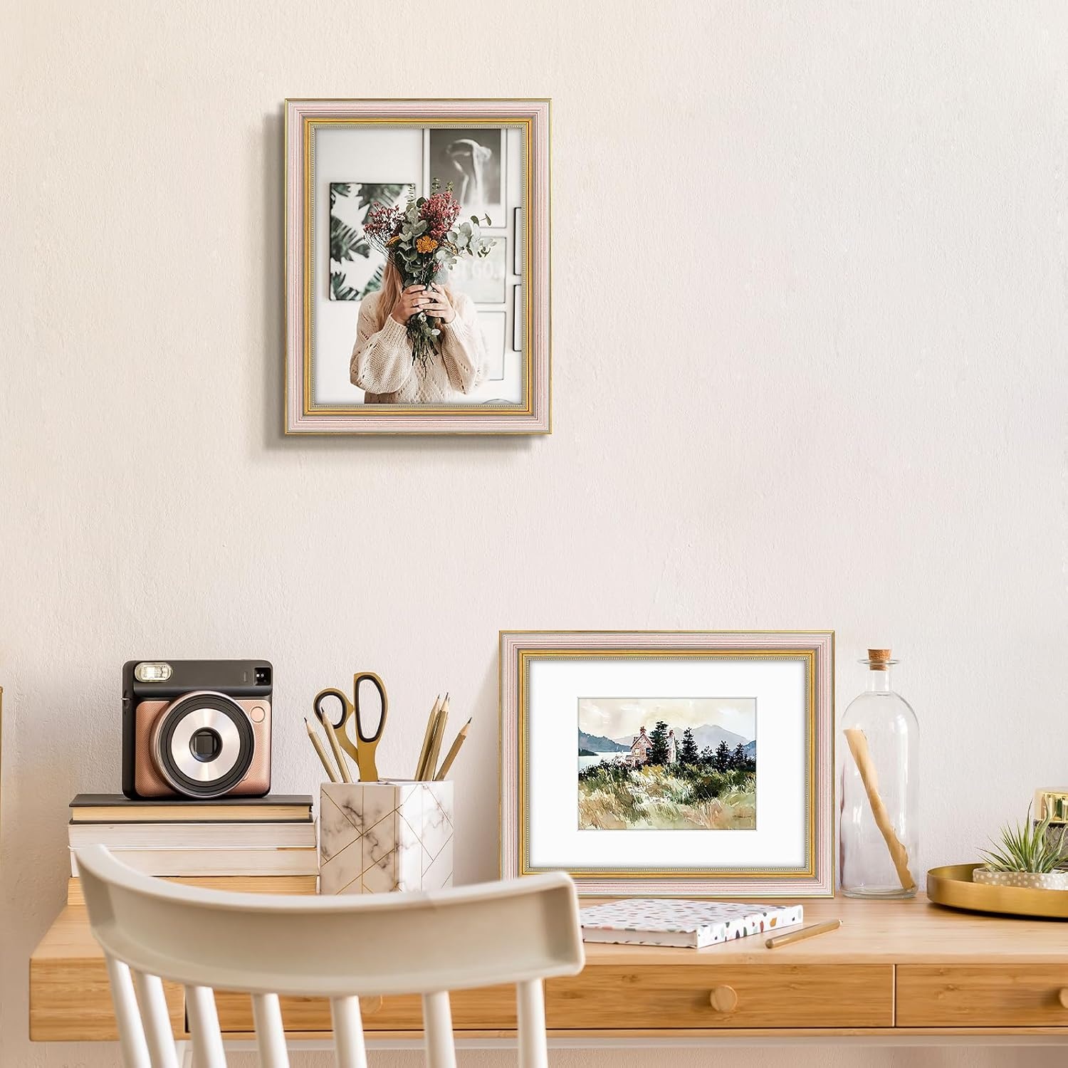 image:imageGolden State Art8x10 Ornate Picture Frame Holds 5x7 PhotoVintage Gold  Includes easel backreal glass frontwhite matbuildin hangers8x10 Decorative photo frame matted to 5x7Desktopwall mountPurple Gold