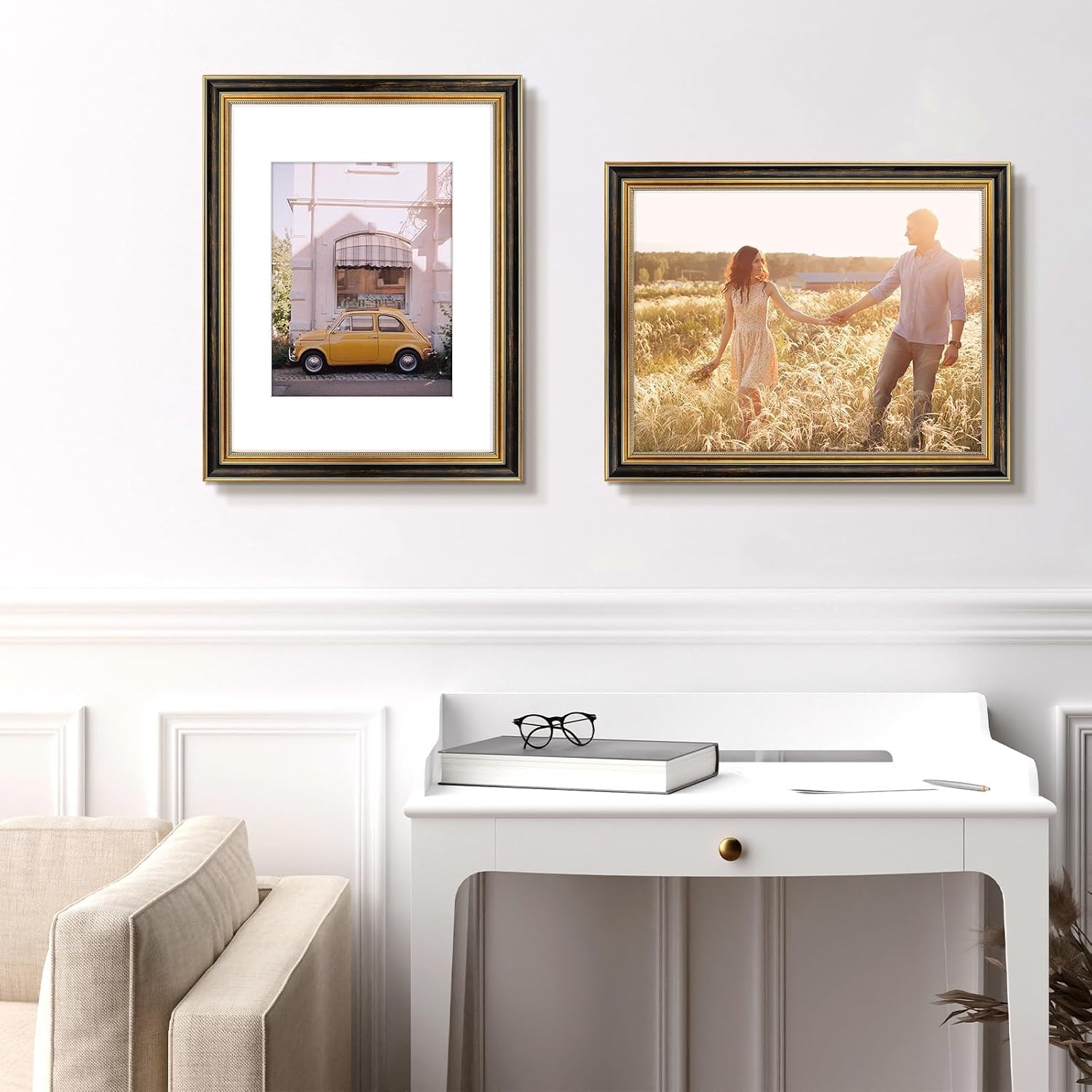image:imageGolden State Art8x10 Ornate Picture Frame Holds 5x7 PhotoVintage Gold  Includes easel backreal glass frontwhite matbuildin hangers8x10 Decorative photo frame matted to 5x7Desktopwall mountBlack Gold