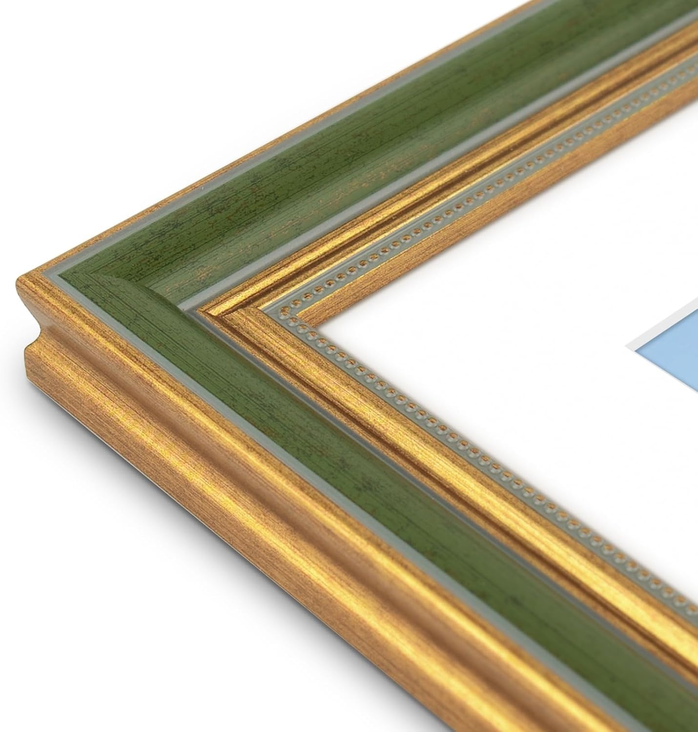 image:imageGolden State Art8x10 Ornate Picture Frame Holds 5x7 PhotoVintage Gold  Includes easel backreal glass frontwhite matbuildin hangers8x10 Decorative photo frame matted to 5x7Desktopwall mountGreen Gold