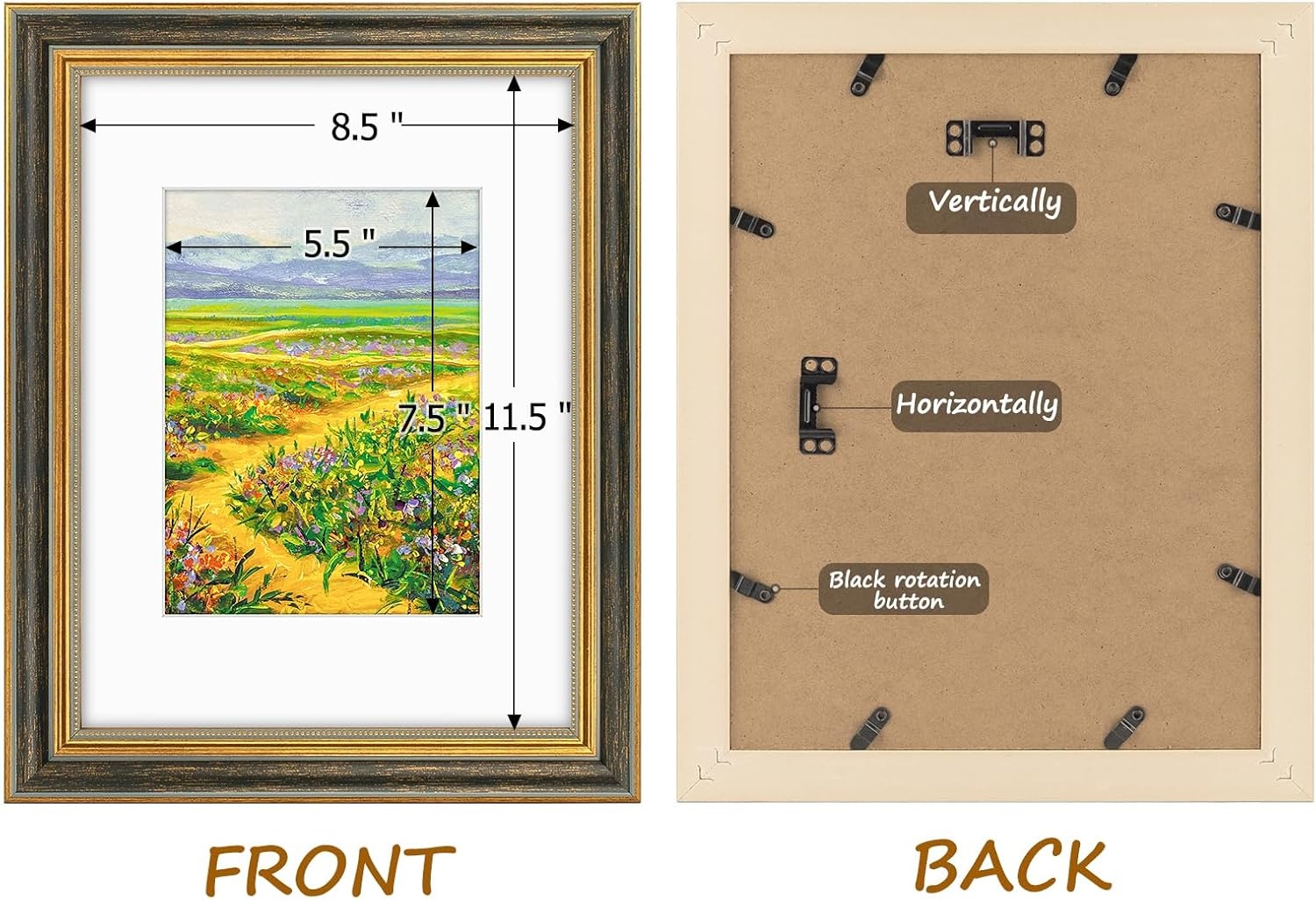 image:imageGolden State Art8x10 Ornate Picture Frame Holds 5x7 PhotoVintage Gold  Includes easel backreal glass frontwhite matbuildin hangers8x10 Decorative photo frame matted to 5x7Desktopwall mountBlack Gold