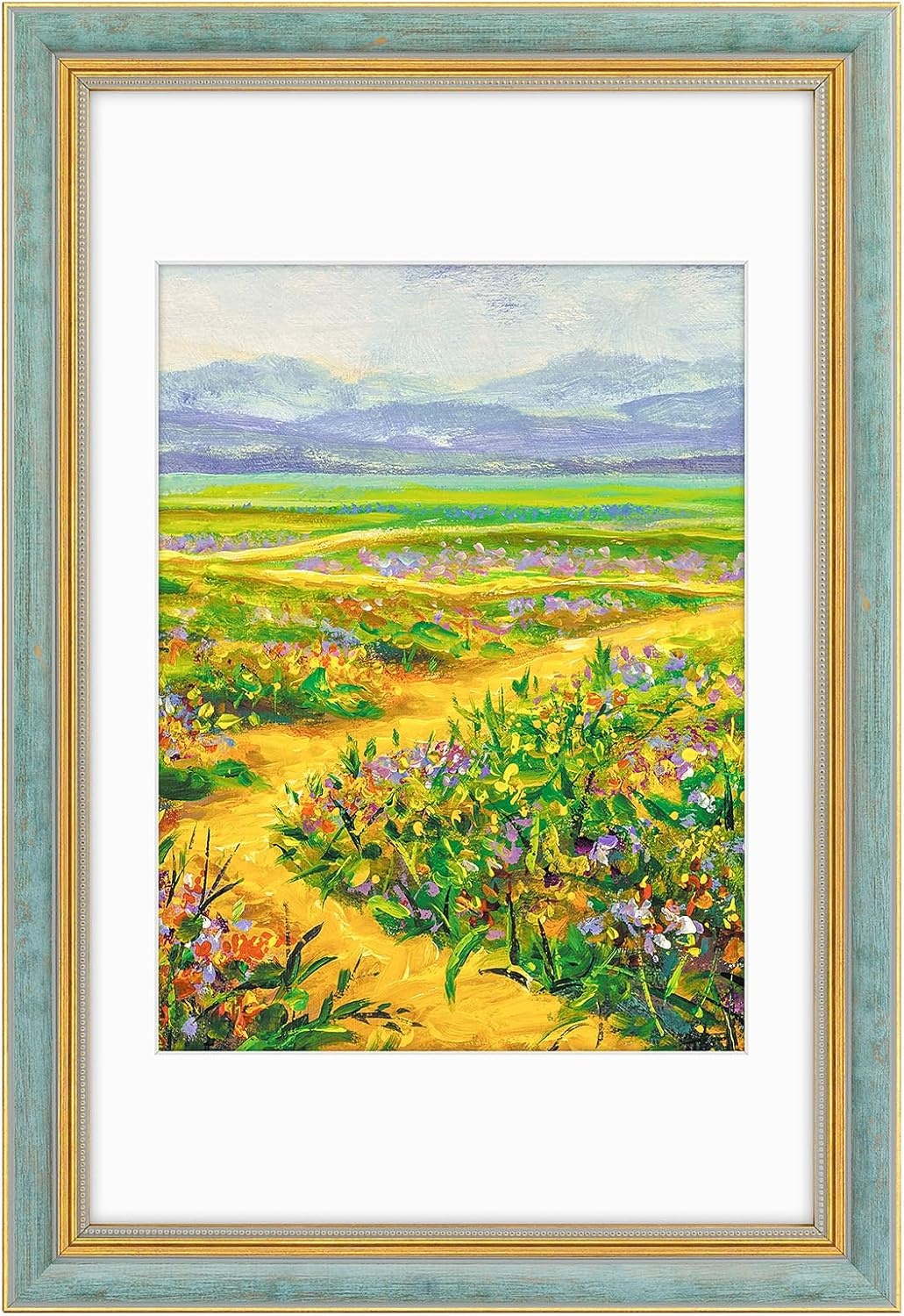 image:imageGolden State Art8x10 Ornate Picture Frame Holds 5x7 PhotoVintage Gold  Includes easel backreal glass frontwhite matbuildin hangers8x10 Decorative photo frame matted to 5x7Desktopwall mountDistressed Blue Gold