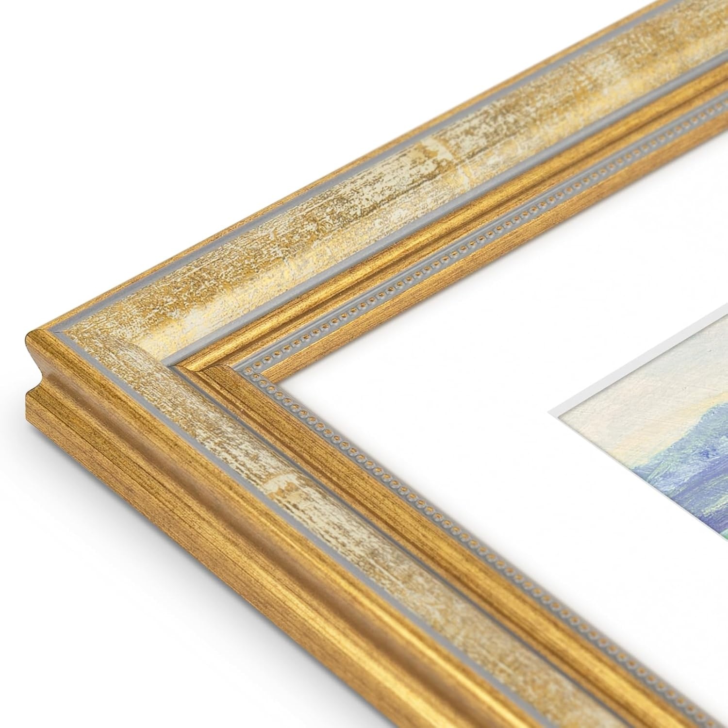 image:imageGolden State Art8x10 Ornate Picture Frame Holds 5x7 PhotoVintage Gold  Includes easel backreal glass frontwhite matbuildin hangers8x10 Decorative photo frame matted to 5x7Desktopwall mountVintage Gold