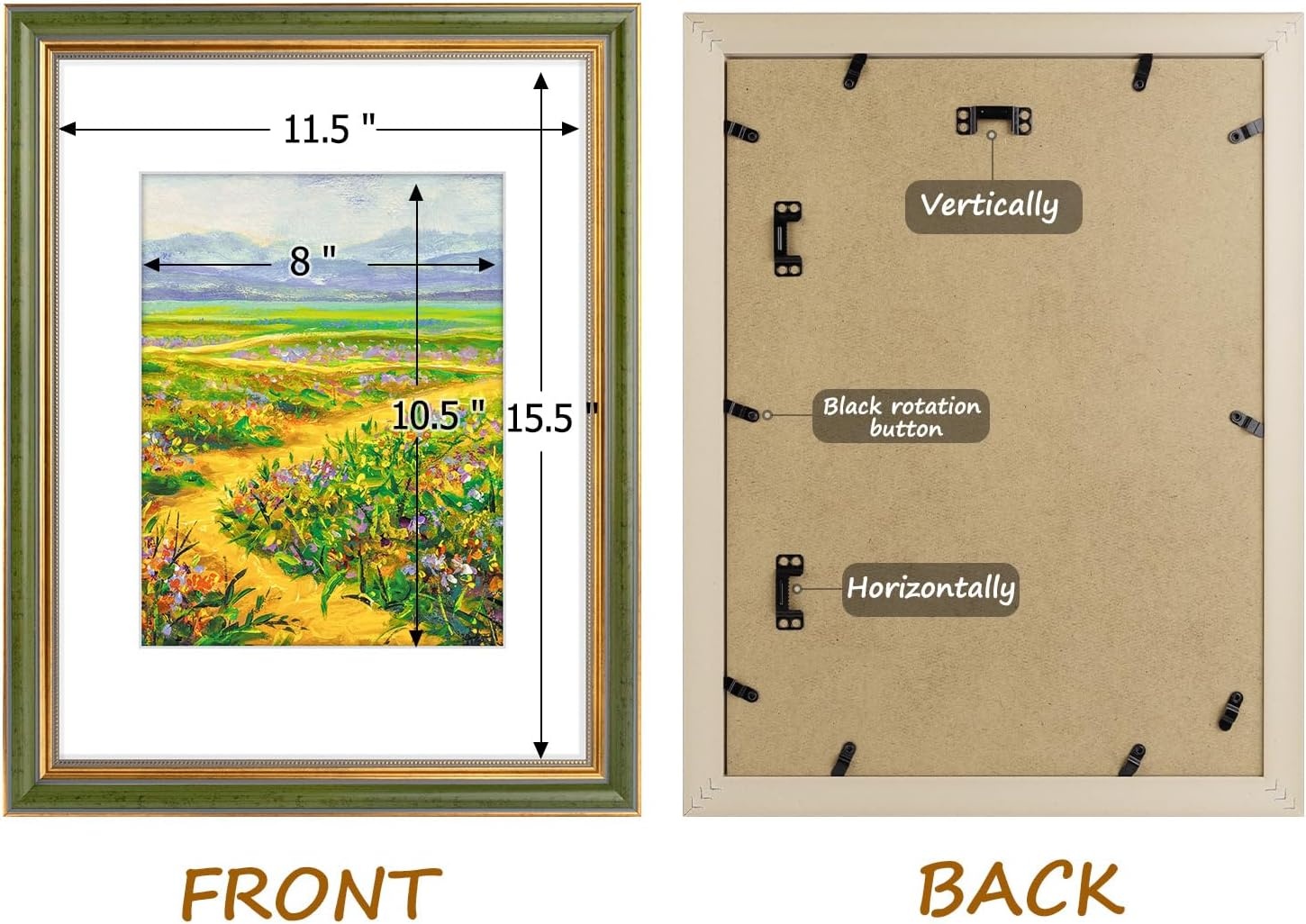 image:imageGolden State Art8x10 Ornate Picture Frame Holds 5x7 PhotoVintage Gold  Includes easel backreal glass frontwhite matbuildin hangers8x10 Decorative photo frame matted to 5x7Desktopwall mountGreen Gold