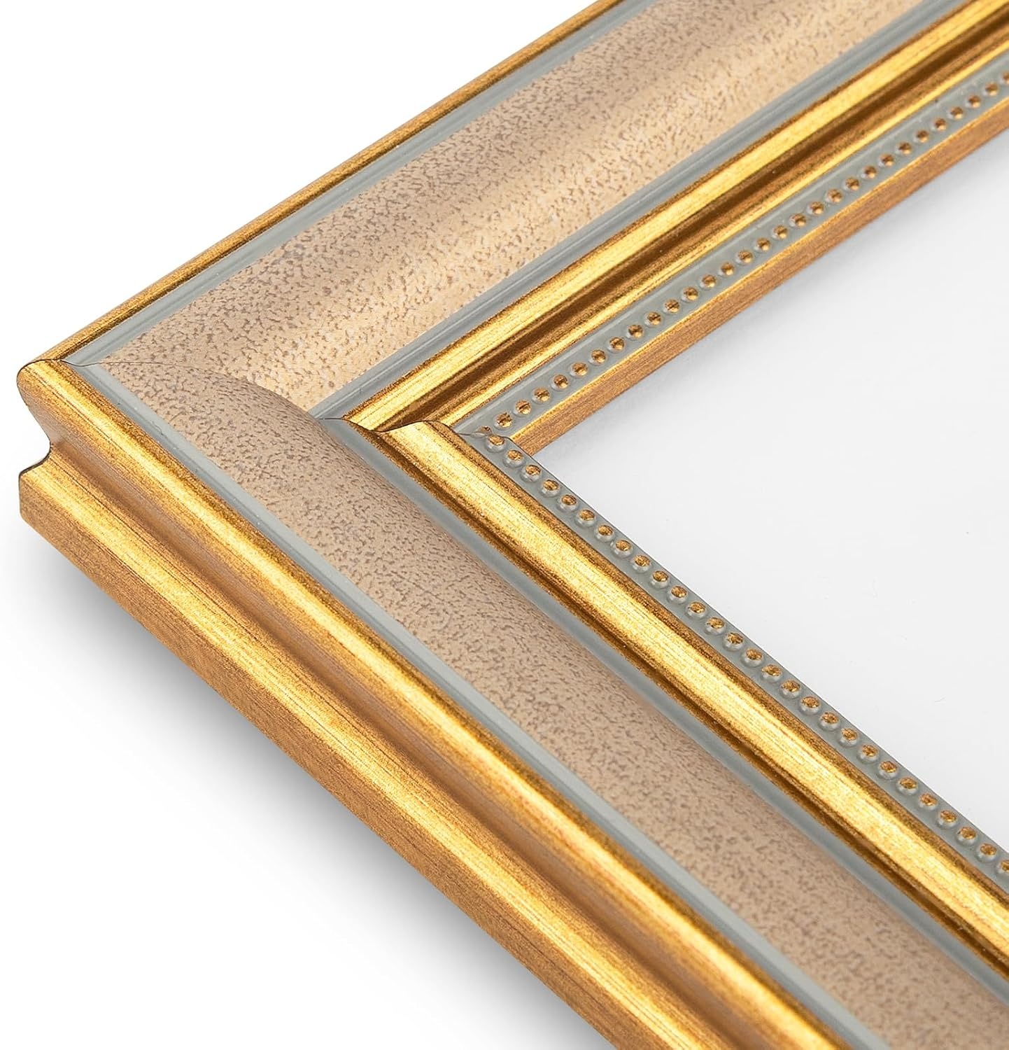 image:imageGolden State Art8x10 Ornate Picture Frame Holds 5x7 PhotoVintage Gold  Includes easel backreal glass frontwhite matbuildin hangers8x10 Decorative photo frame matted to 5x7Desktopwall mountChampagne Gold