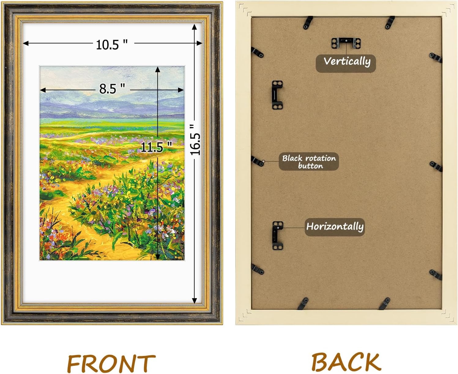 image:imageGolden State Art8x10 Ornate Picture Frame Holds 5x7 PhotoVintage Gold  Includes easel backreal glass frontwhite matbuildin hangers8x10 Decorative photo frame matted to 5x7Desktopwall mountBlack Gold