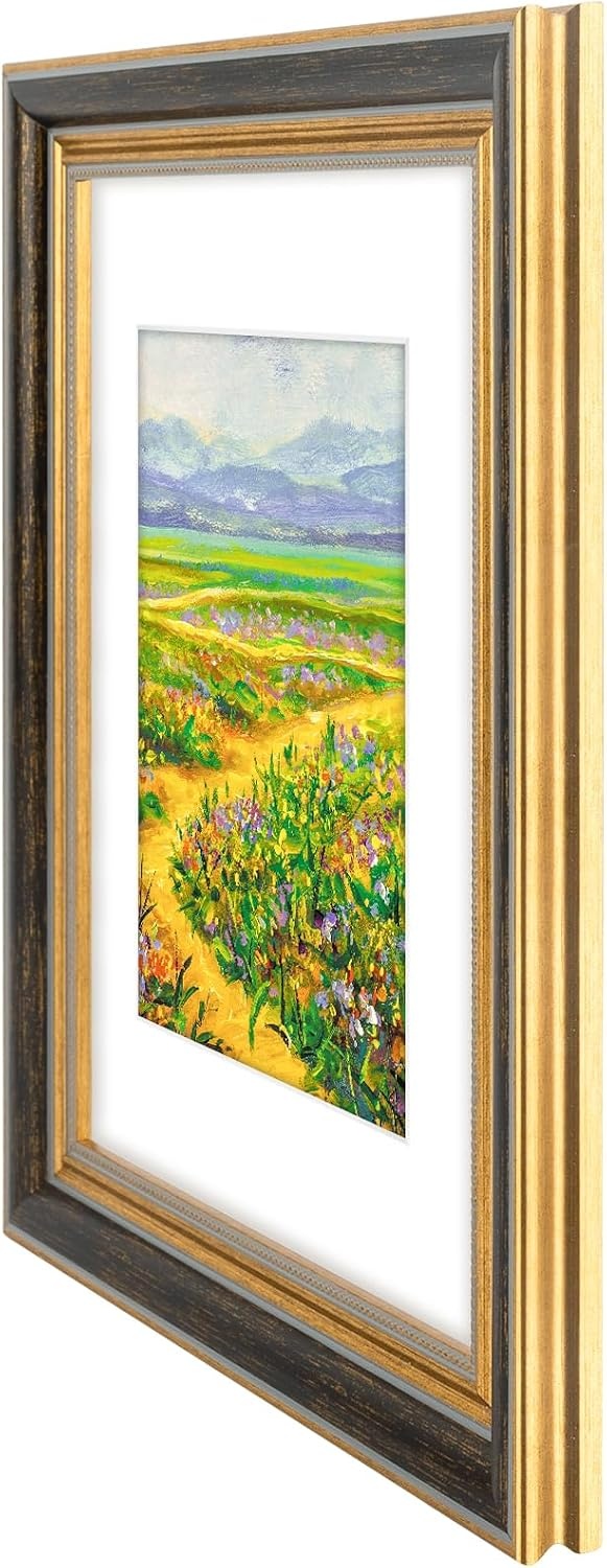 image:imageGolden State Art8x10 Ornate Picture Frame Holds 5x7 PhotoVintage Gold  Includes easel backreal glass frontwhite matbuildin hangers8x10 Decorative photo frame matted to 5x7Desktopwall mountBlack Gold