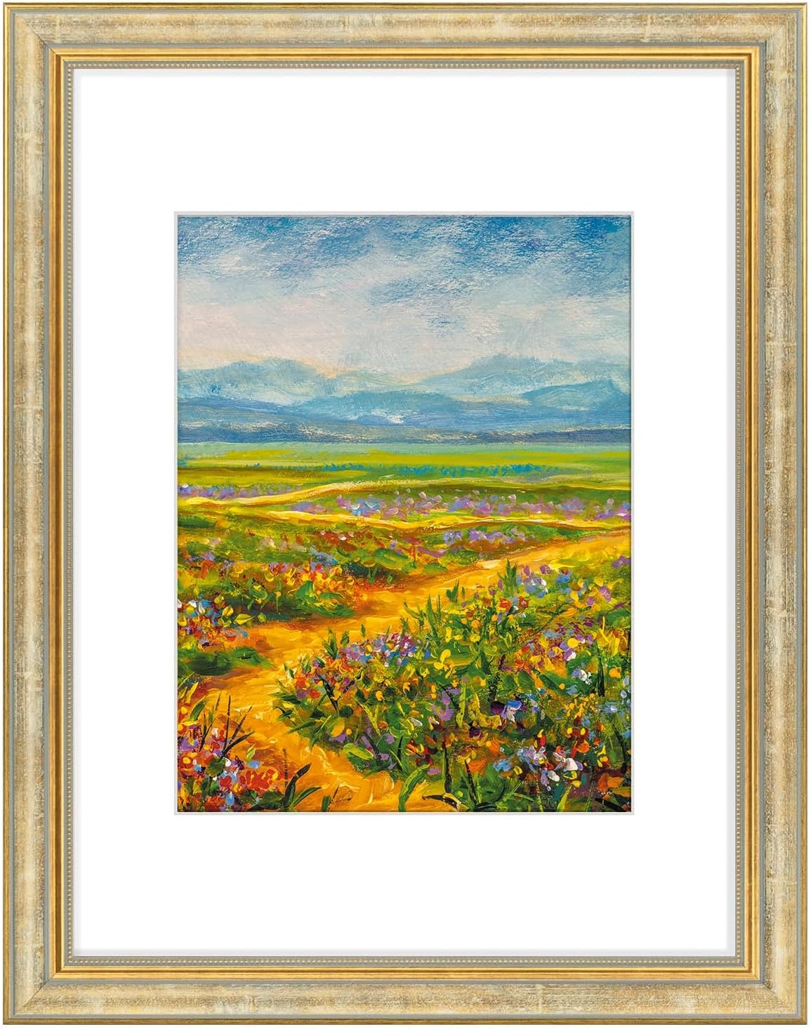 image:imageGolden State Art8x10 Ornate Picture Frame Holds 5x7 PhotoVintage Gold  Includes easel backreal glass frontwhite matbuildin hangers8x10 Decorative photo frame matted to 5x7Desktopwall mountVintage Gold