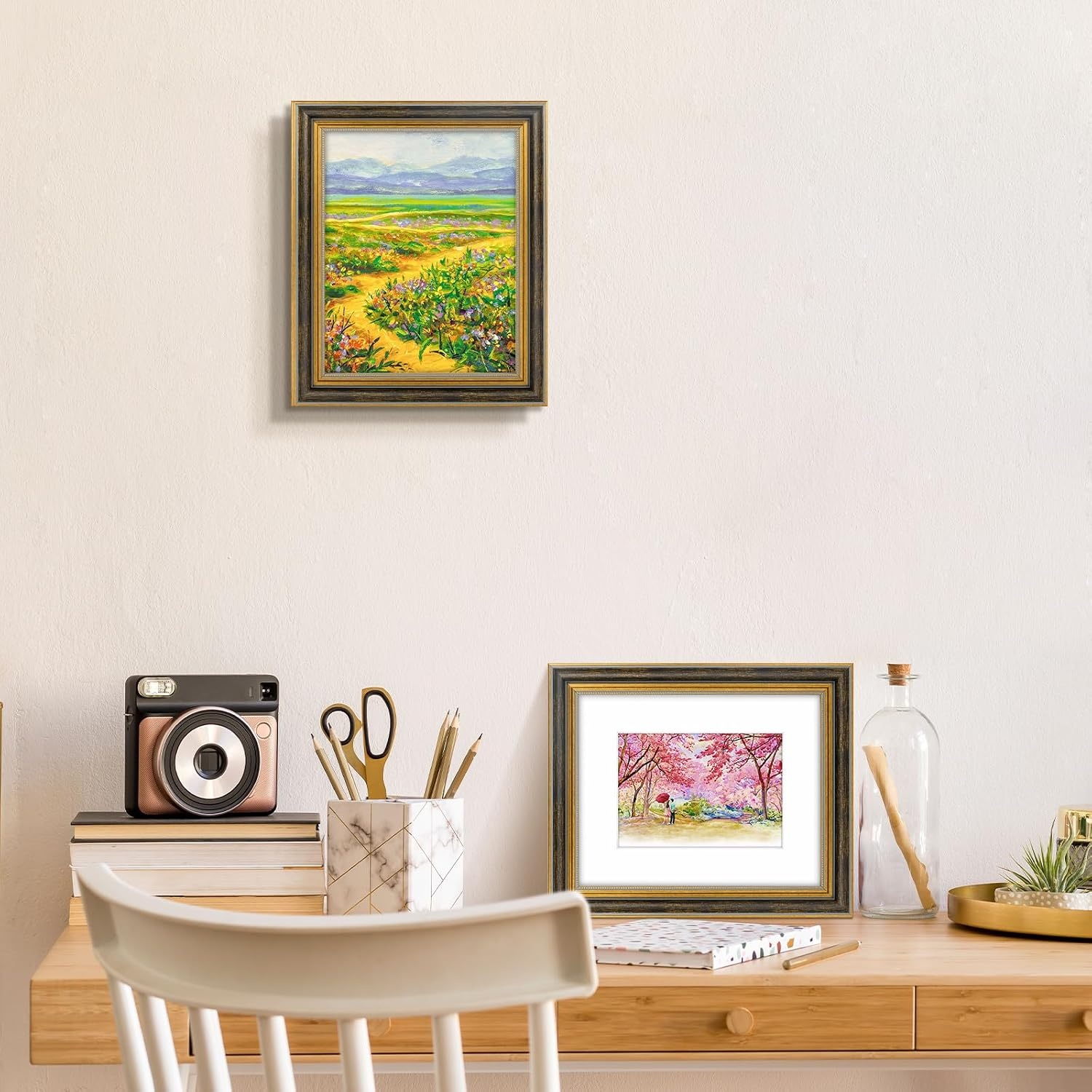 image:imageGolden State Art8x10 Ornate Picture Frame Holds 5x7 PhotoVintage Gold  Includes easel backreal glass frontwhite matbuildin hangers8x10 Decorative photo frame matted to 5x7Desktopwall mountBlack Gold