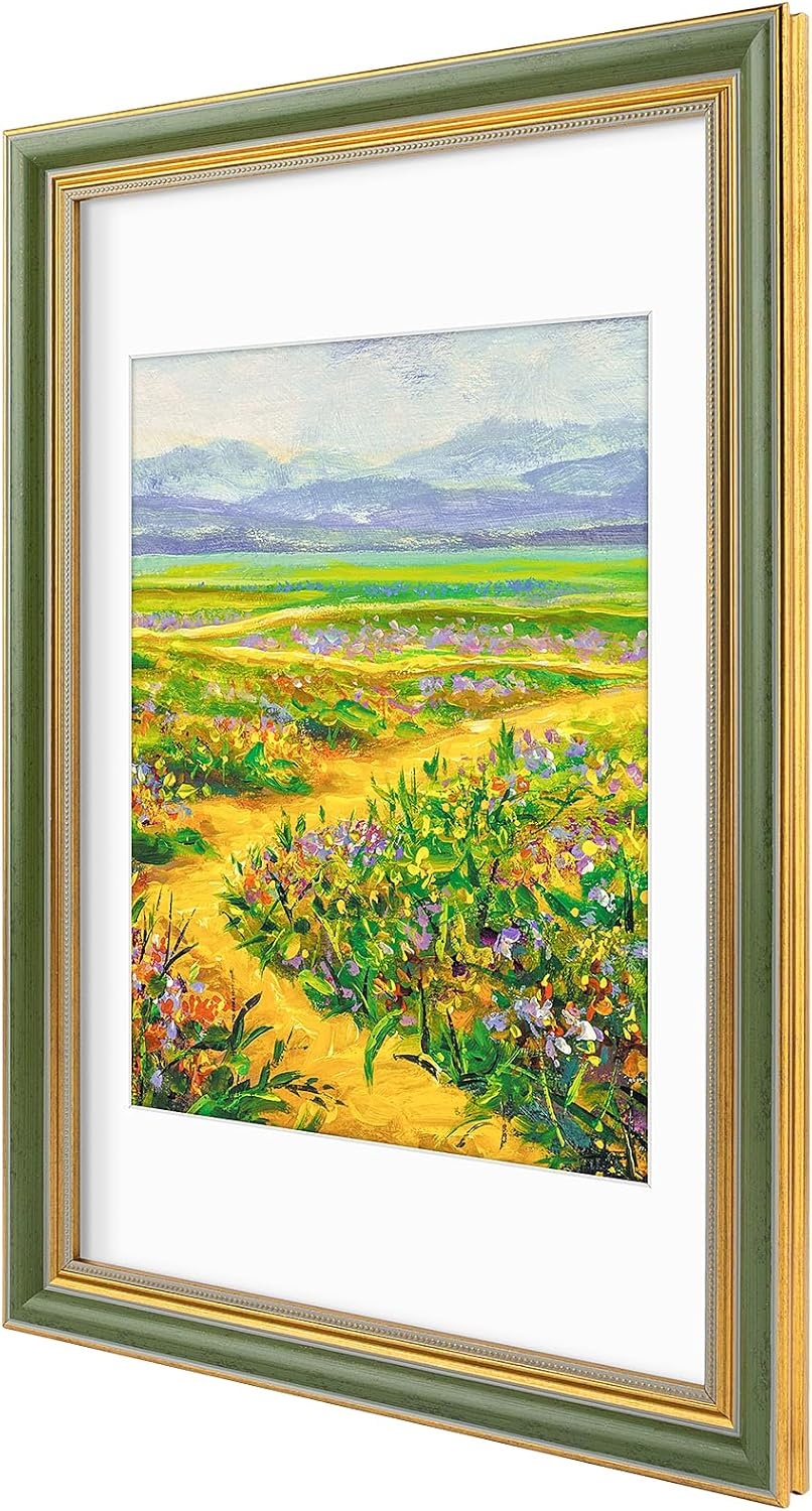 image:imageGolden State Art8x10 Ornate Picture Frame Holds 5x7 PhotoVintage Gold  Includes easel backreal glass frontwhite matbuildin hangers8x10 Decorative photo frame matted to 5x7Desktopwall mountGreen Gold