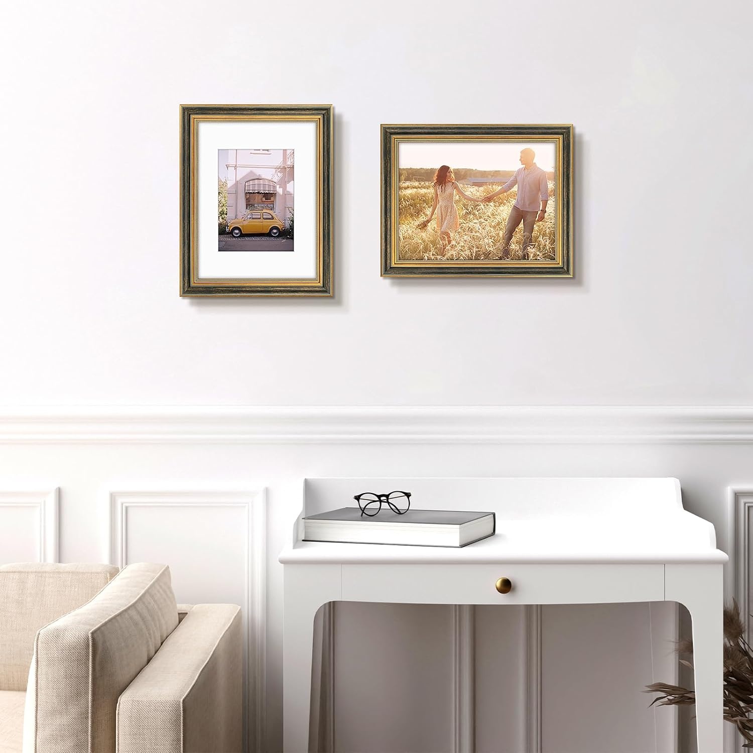 image:imageGolden State Art8x10 Ornate Picture Frame Holds 5x7 PhotoVintage Gold  Includes easel backreal glass frontwhite matbuildin hangers8x10 Decorative photo frame matted to 5x7Desktopwall mountBlack Gold