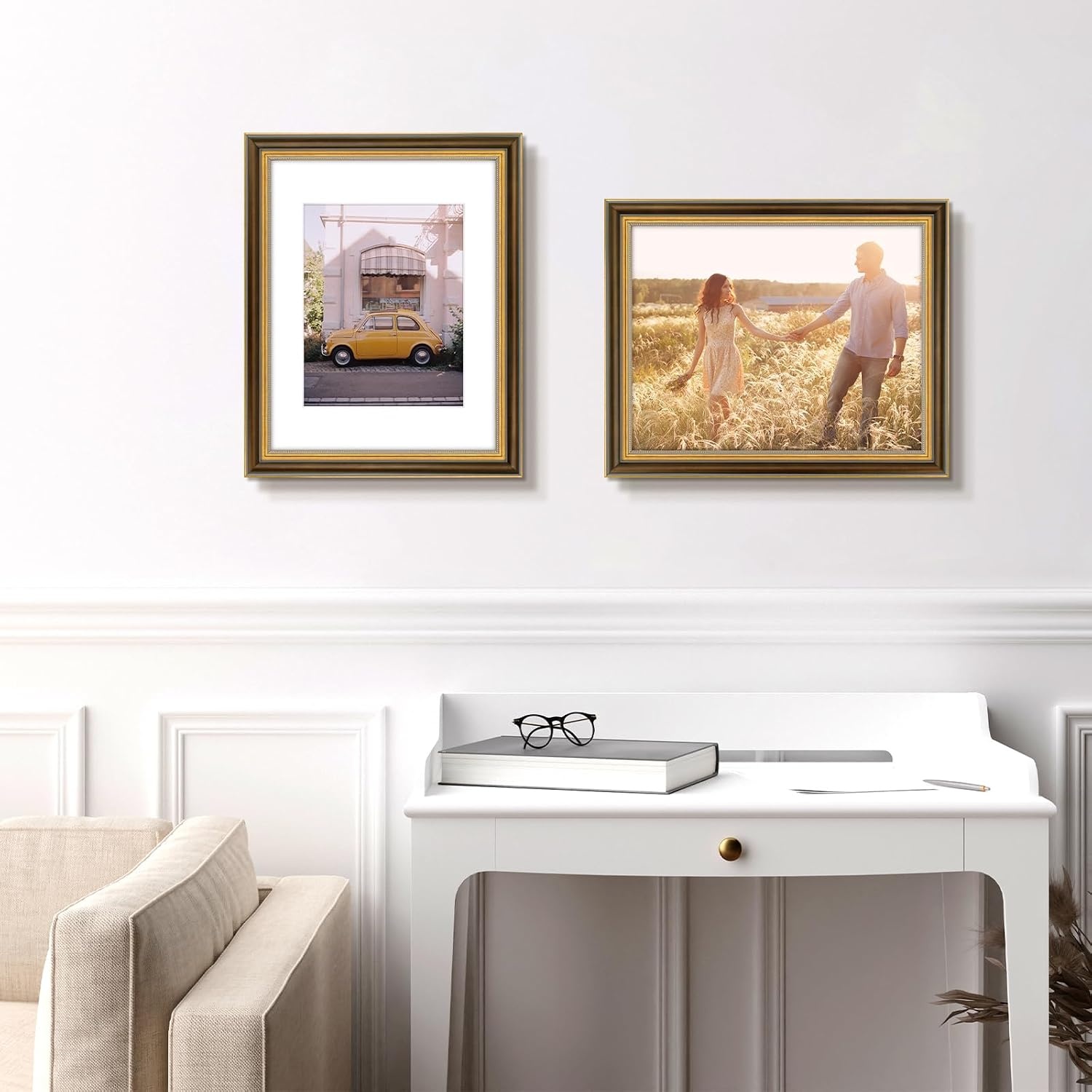 image:imageGolden State Art8x10 Ornate Picture Frame Holds 5x7 PhotoVintage Gold  Includes easel backreal glass frontwhite matbuildin hangers8x10 Decorative photo frame matted to 5x7Desktopwall mountBrown Gold