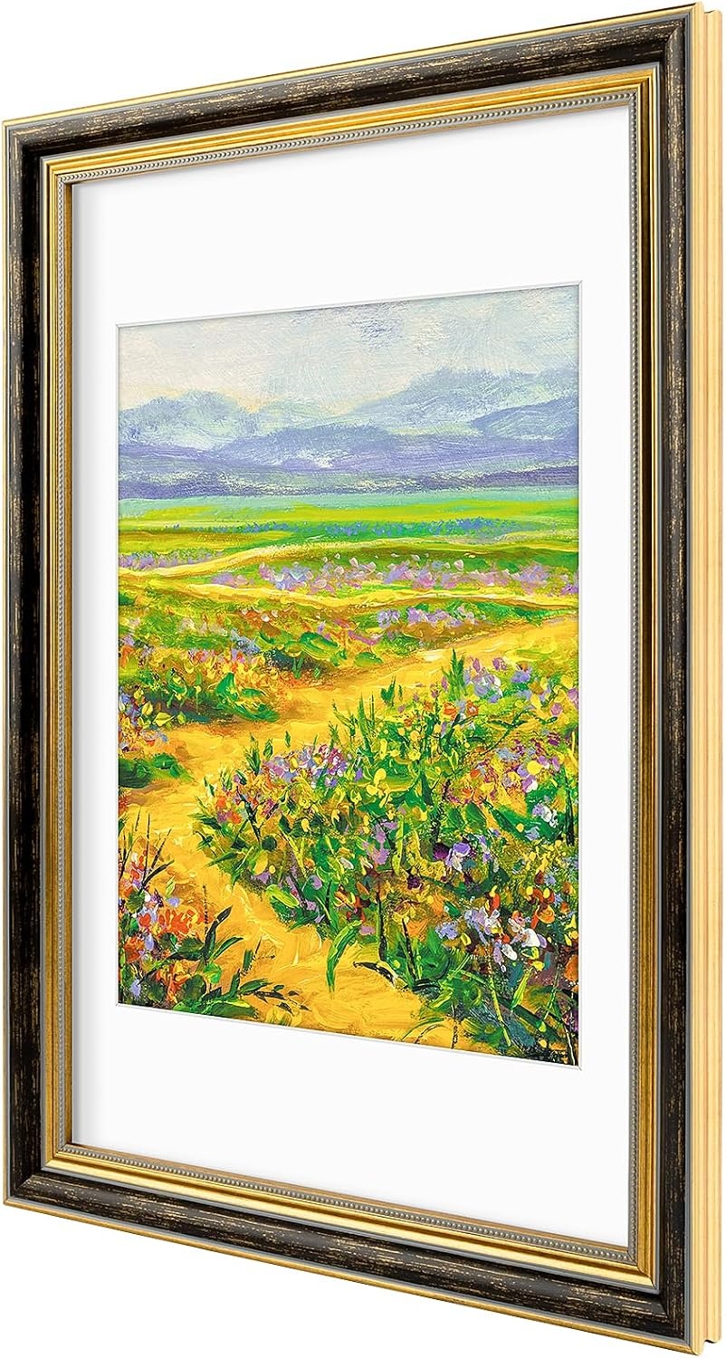 image:imageGolden State Art8x10 Ornate Picture Frame Holds 5x7 PhotoVintage Gold  Includes easel backreal glass frontwhite matbuildin hangers8x10 Decorative photo frame matted to 5x7Desktopwall mountBlack Gold